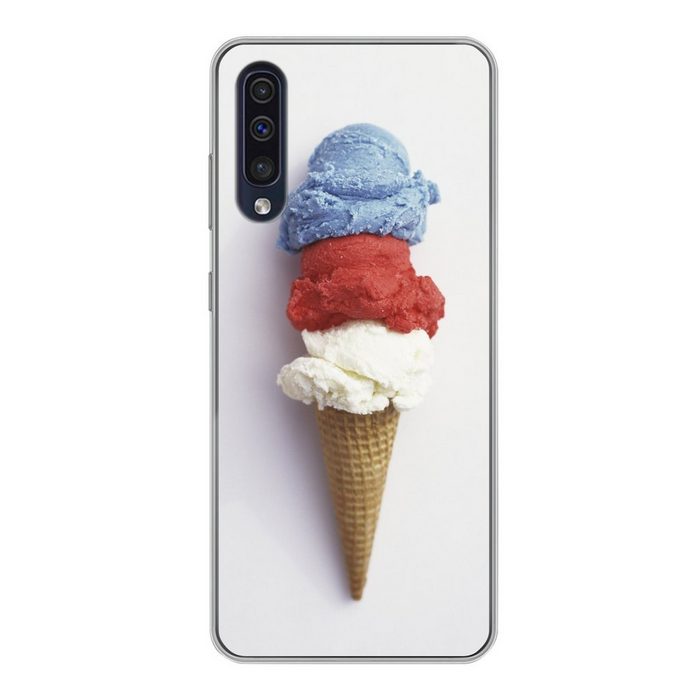 MuchoWow Handyhülle Eiswaffel mit drei Geschmacksrichtungen Handyhülle Samsung Galaxy A30s Smartphone-Bumper Print Handy