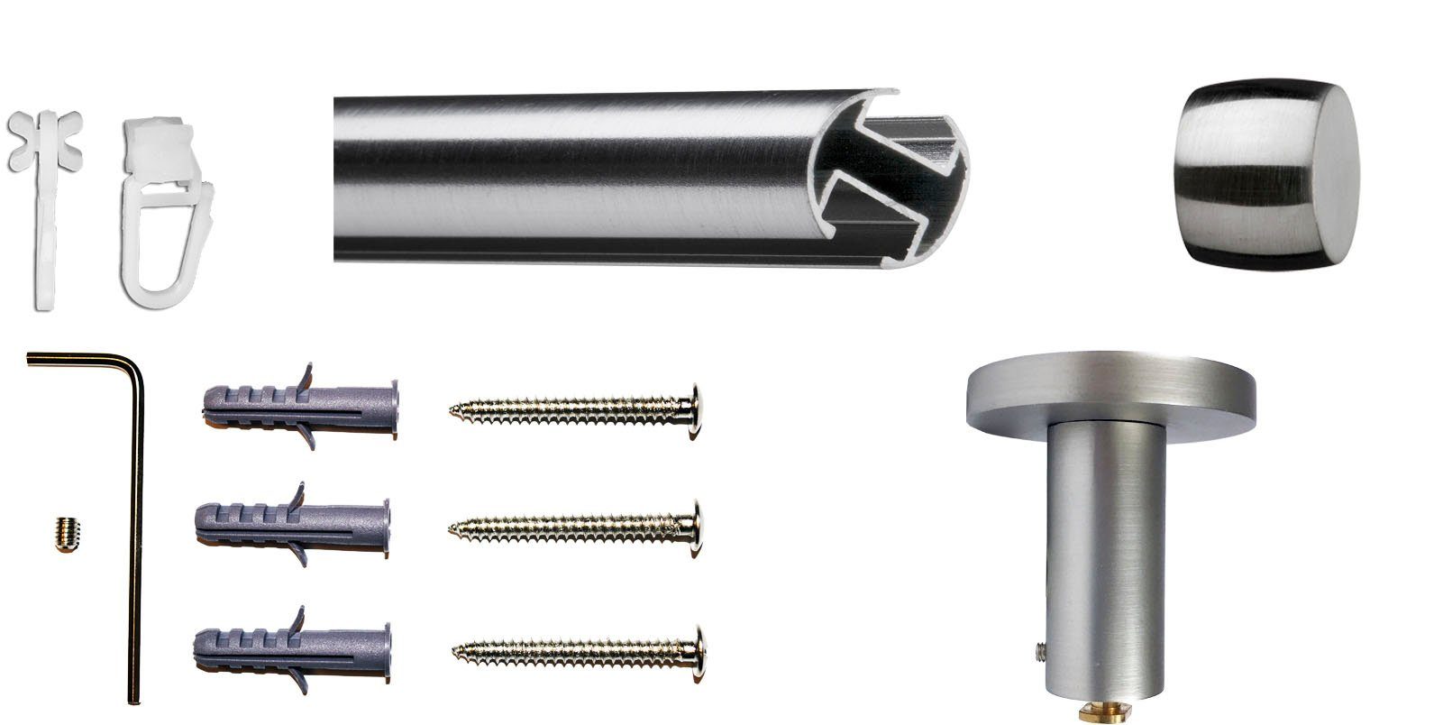 indeko Gardinenstange Consul, Ø 20 mm, 1-läufig, Wunschmaßlänge, verschraubt, Innenlauf Komplett-Set inkl. Gleitern und Montagematerial