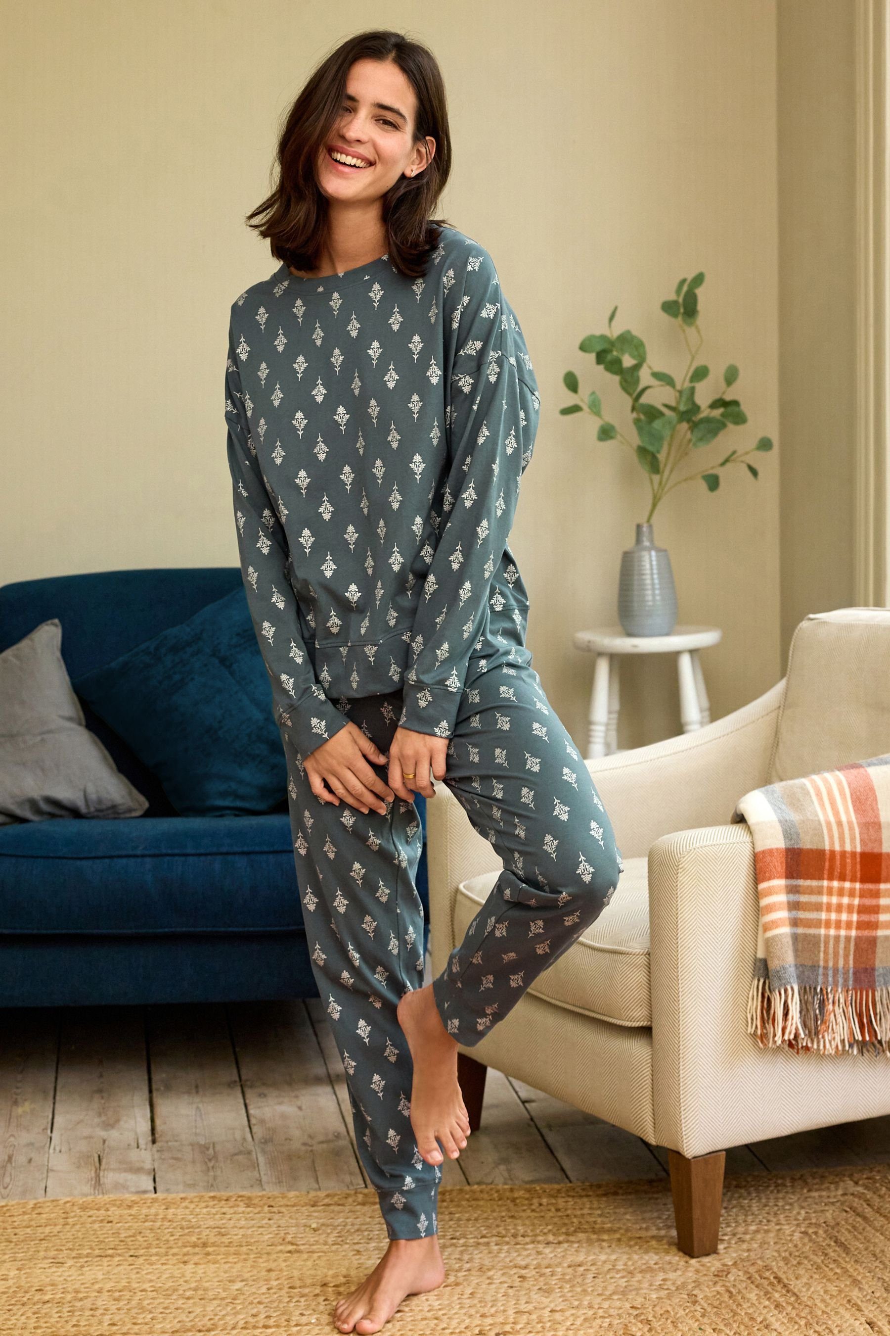 aus Blue Pyjama Foil Leaves Langärmeliger Pyjama (2 tlg) Baumwolle Next