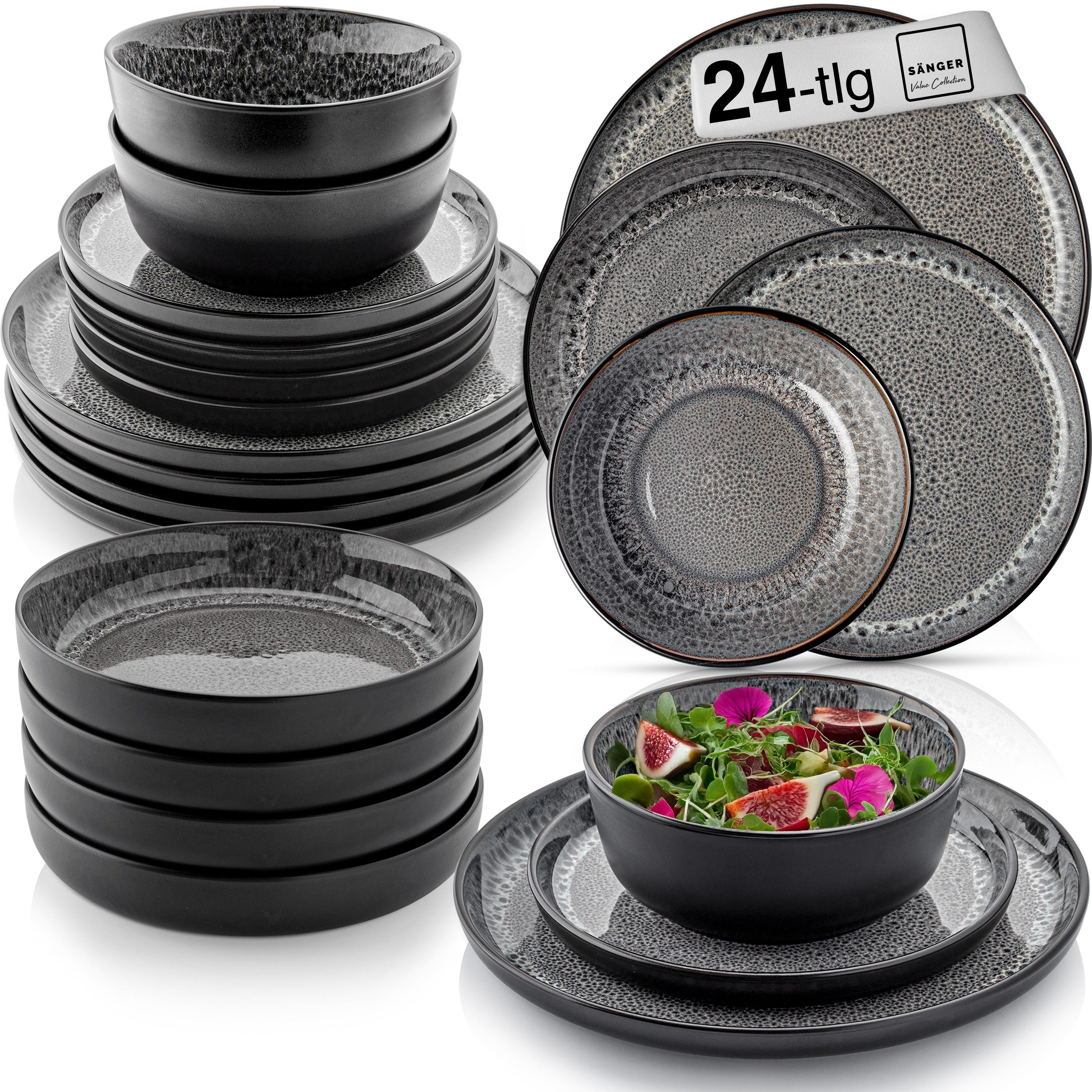SÄNGER Tafelservice Sydney Geschirrset, Grau (24-tlg), 6 Personen, Steingut, Handmade, spülmaschinenfest, VALUE COLLECTION