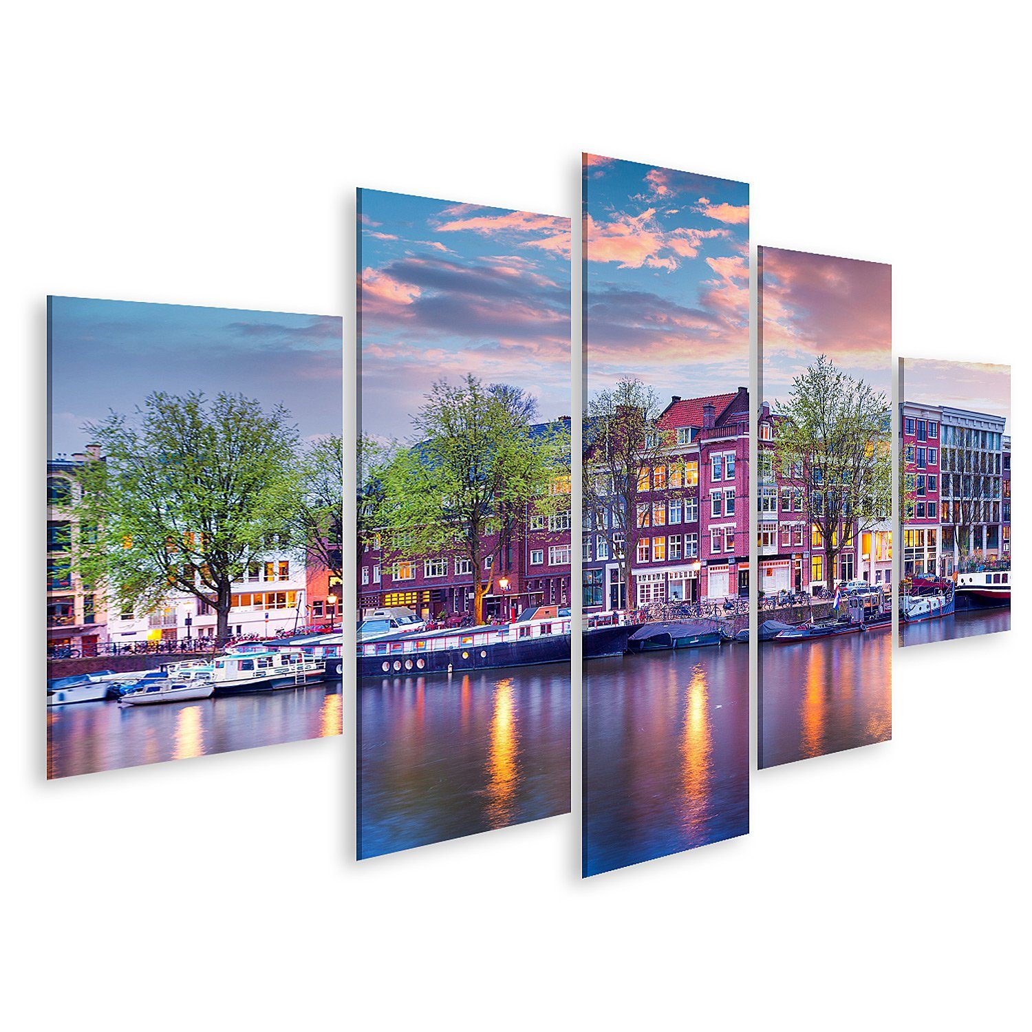islandburner Leinwandbild Bild auf Leinwand Bunter Frühlings-Sonnenuntergang auf den Grachten vo