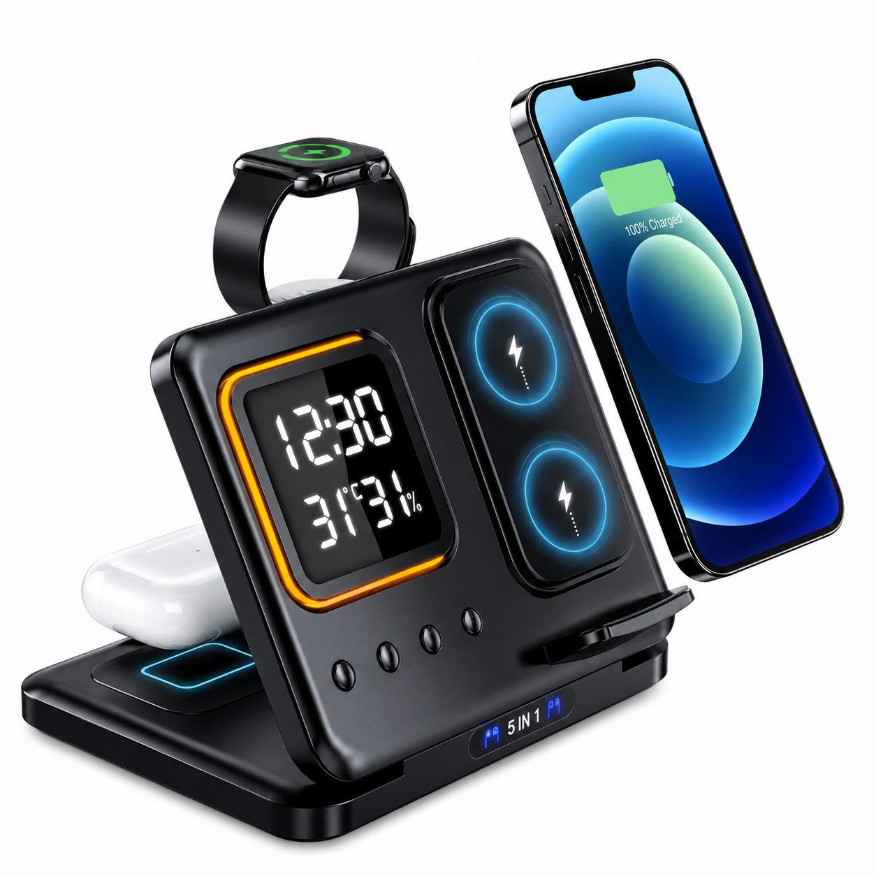 Fyrove Ladegerät,5-in-1 Wireless Charger 15W,induktive Ladestation für iPhone Ladestation (Apple Watch & AirPods, Digitalwecker, LED-Nachtlicht, Temperatur & Luftfeuchte Highlights)
