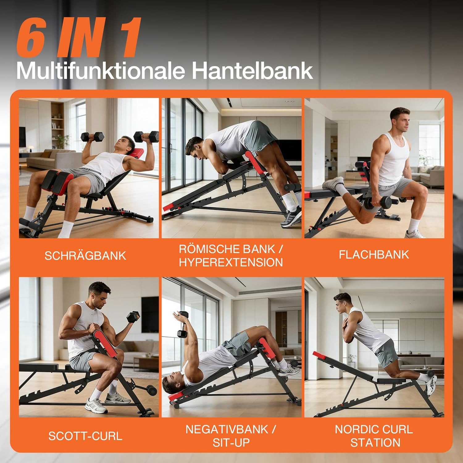 DH FitLife Hantelbank Verstellbar 6in1 bis 350kg, (Multifunktionale Trainingsbank mit Hyperextension), Nordic Curl & 52 Einstellungen für Home Gym