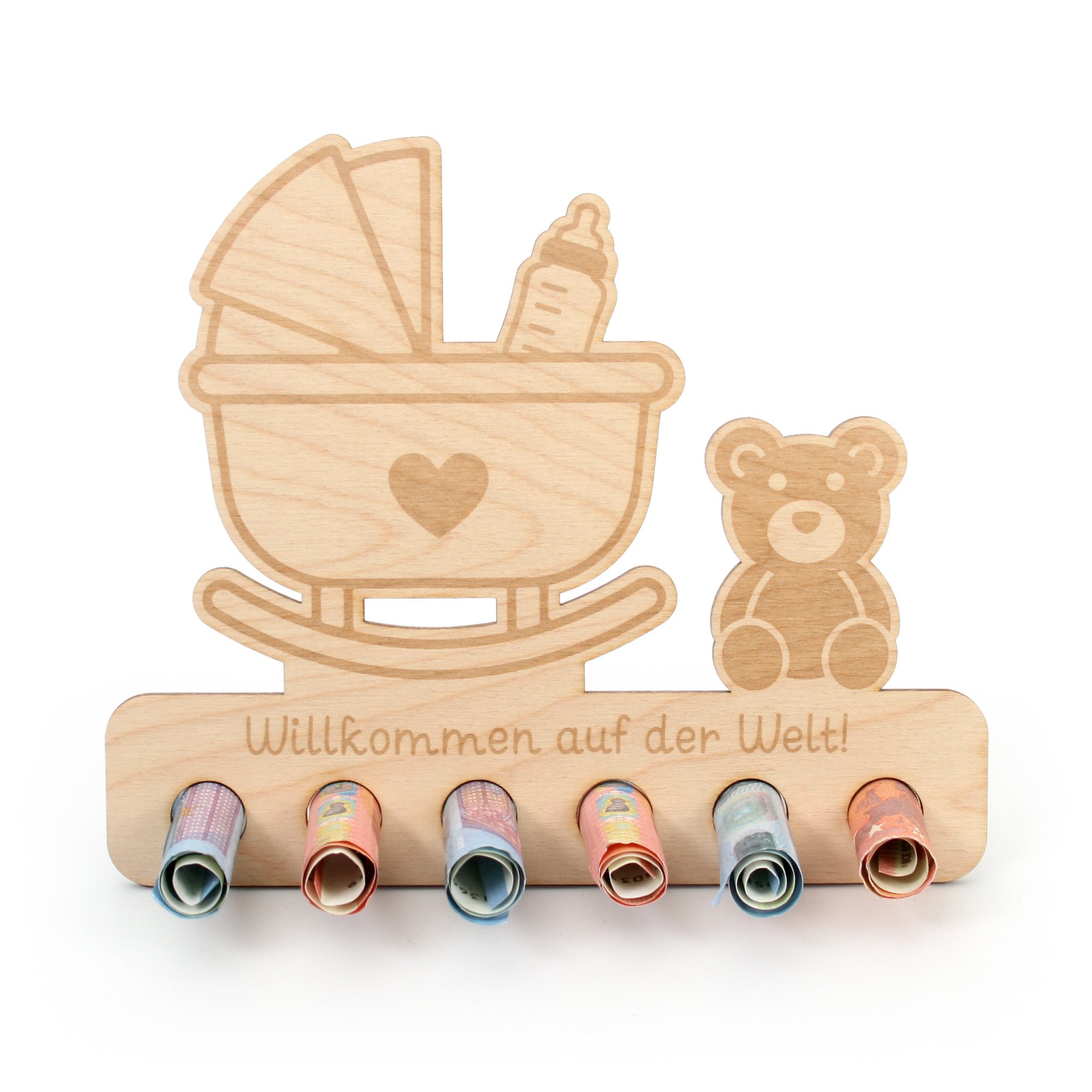 Kreative Feder Glückwunschkarte Geldgeschenk für feierliche Anlässe, origineller Geldscheinhalter aus Holz mit 6 Löchern für Geldscheine