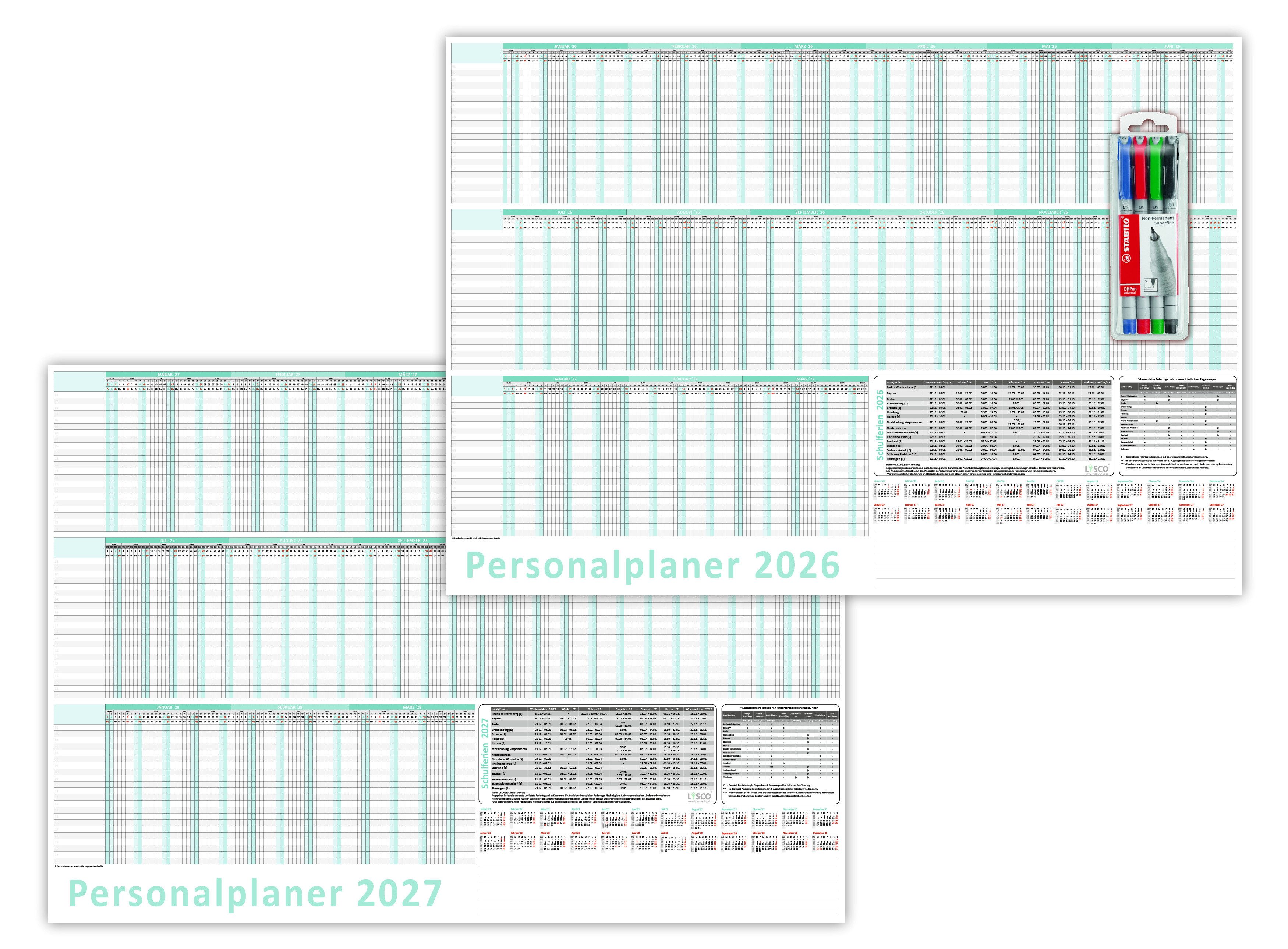 LYSCO Wandkalender XL Wandplaner DIN A1 2026 / 2026 + 2027 blau, nass abwischbar, 12 Monate Jahresplaner Wandplaner gerollt, Kalender Format 59,4 x 84,1cm