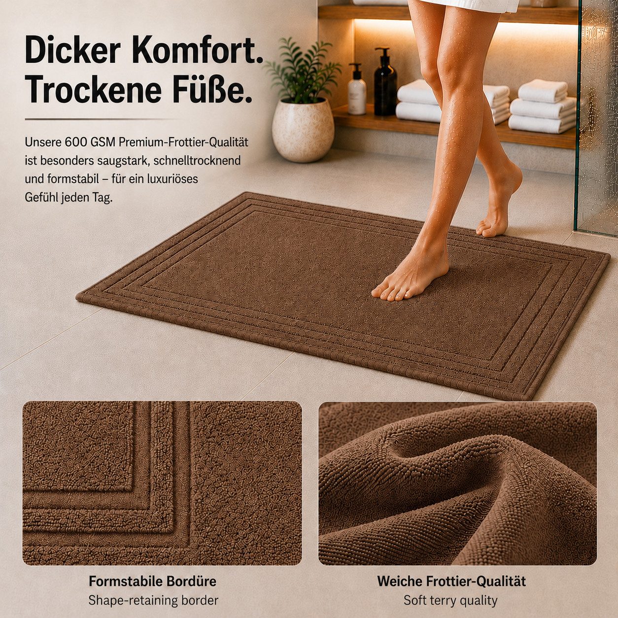 Komfortec Badematte 2er Badetuch Set aus 100% Baumwolle 50x70 cm Extra Weich & Saugstark, Rechteckig, 600 g/m² – Bild 5 von 5