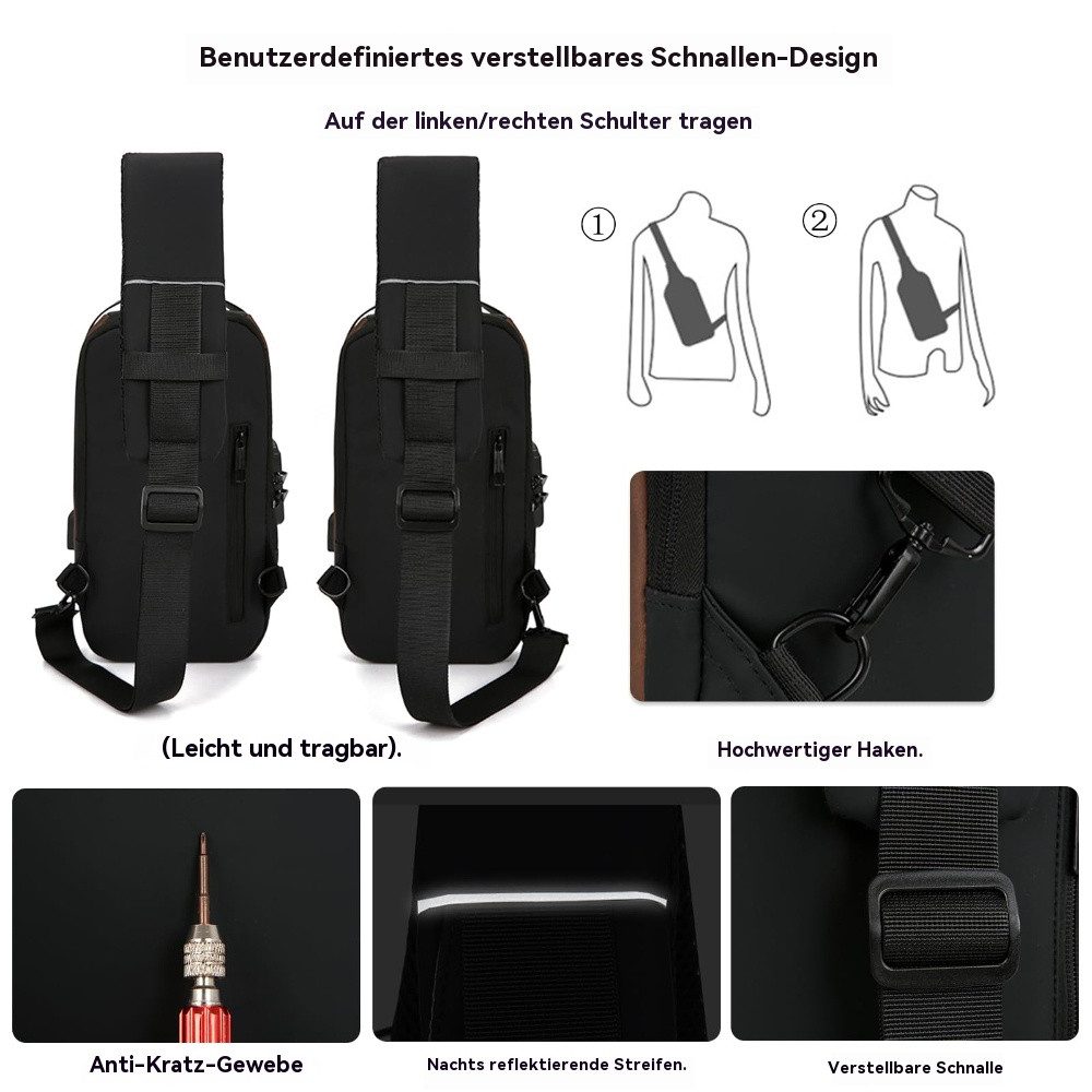 Blusmart Umhängetasche Brusttasche Sling Bag mit USB-Ladeanschluss (Passwortschutz Crossbody Bag, Wasserdicht), Für Reisen Wandern mehrere Taschen Sling Daypacks