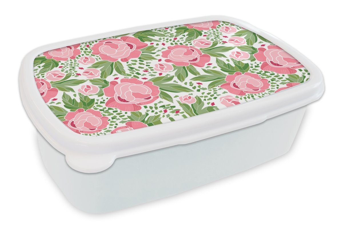 MuchoWow Lunchbox Blumen - Rosa - Muster, Kunststoff, (2-tlg), Brotbox für Kinder und Erwachsene, Brotdose, für Jungs und Mädchen weiß