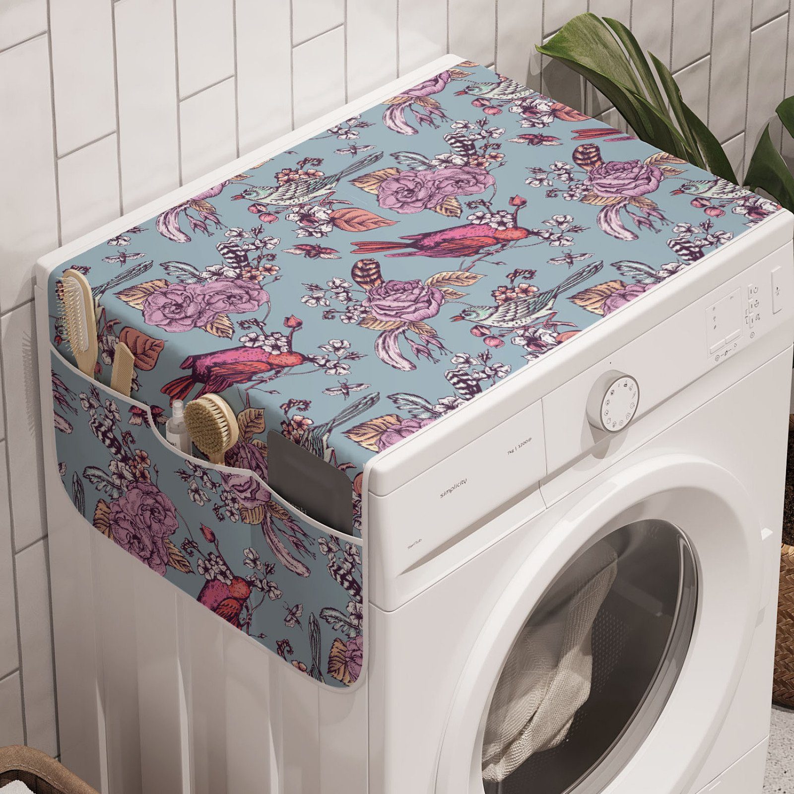Abakuhaus Badorganizer Anti-Rutsch-Stoffabdeckung für Waschmaschine und Trockner, Frühling Hockende Vögel und Blumen