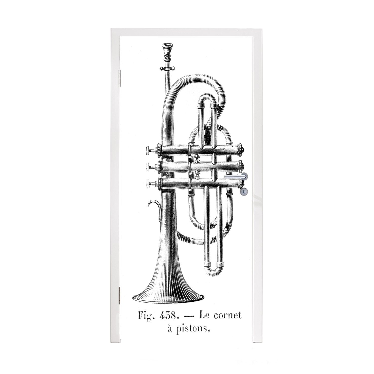 MuchoWow Türtapete Detaillierte Illustration einer Trompete in schwarz-weiß, Matt, bedruckt, (1 St), Fototapete für Tür, Türaufkleber, 75x205 cm