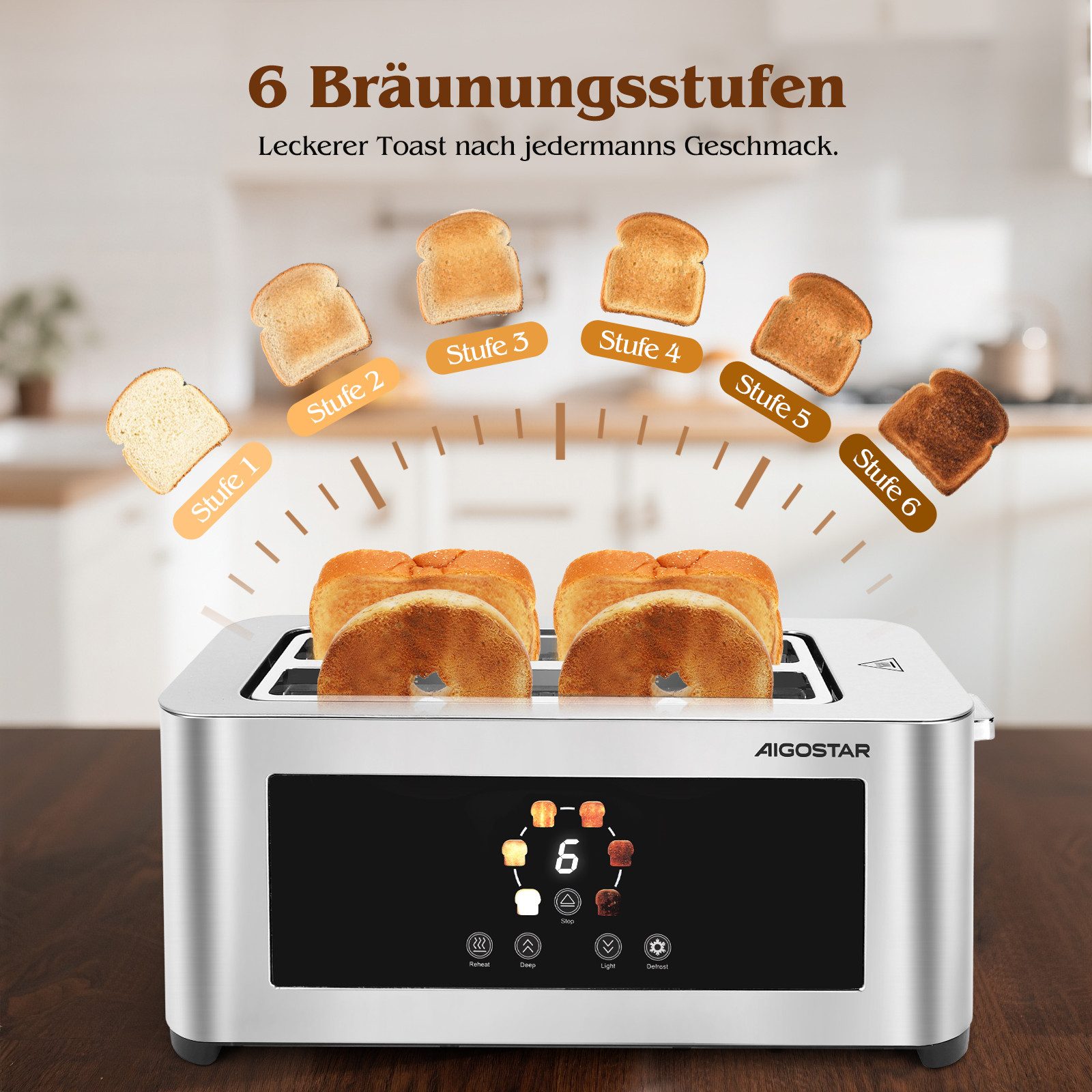 Aigostar Toaster 2/4 Scheiben, 6 Bräunungsstufen, LED-Touchscreen, Toaster Langschlitz, 2 lange Schlitze, 1400 W, Brotzentrierung, Auftau-, Aufwärm- & Stoppfunktion, Edelstahl Matt