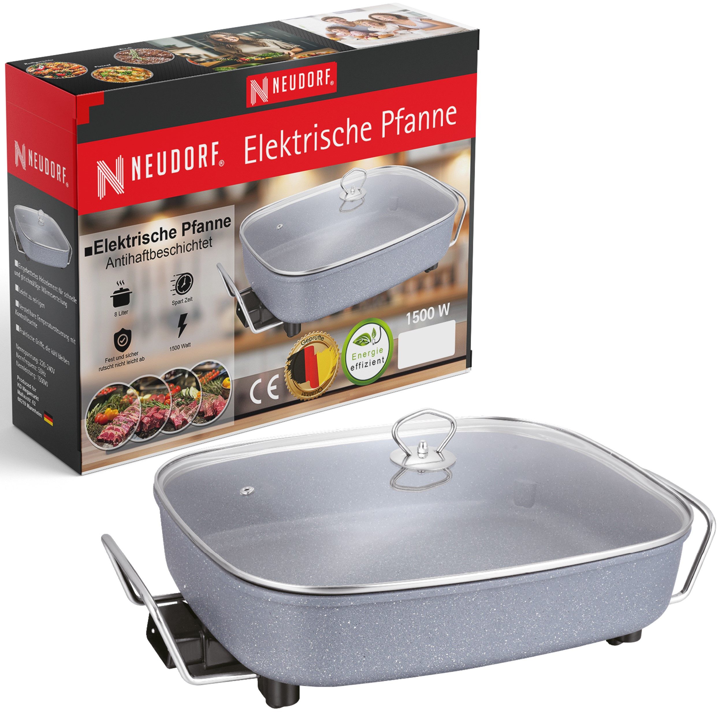 Neudorf Elektrische Partypfanne FamilyPan 8L – Viel Platz für Pfannengerichte & Eintöpfe Wurst uvm., 1500 W, Große Bratfläche, schnelles Aufheizen, stufenlose Temperaturregelung