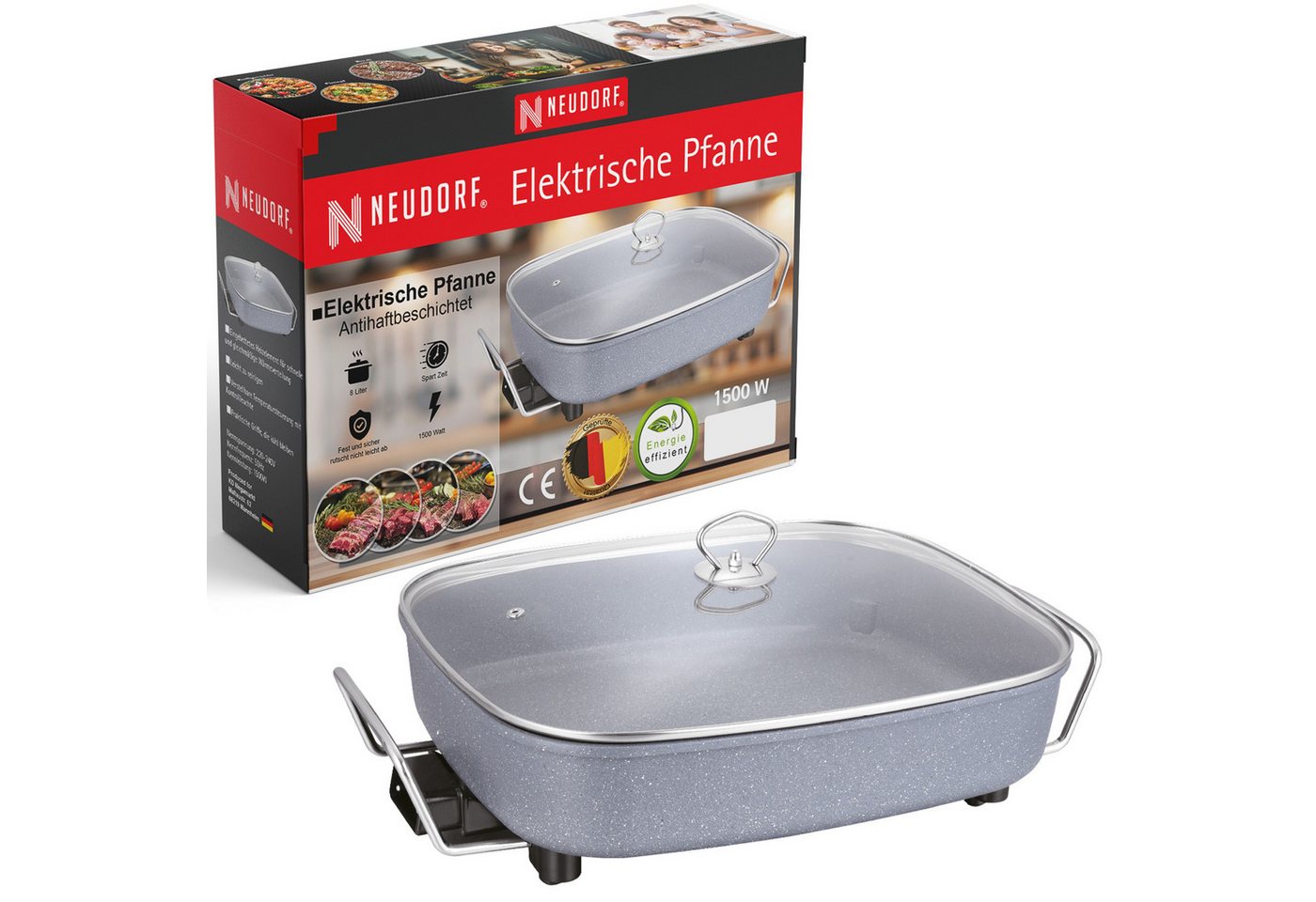 Neudorf Elektrische Partypfanne FamilyPan 8L – Viel Platz für Pfannengerichte & Eintöpfe Wurst uvm., 1500 W, Große Bratfläche, schnelles Aufheizen, stufenlose Temperaturregelung