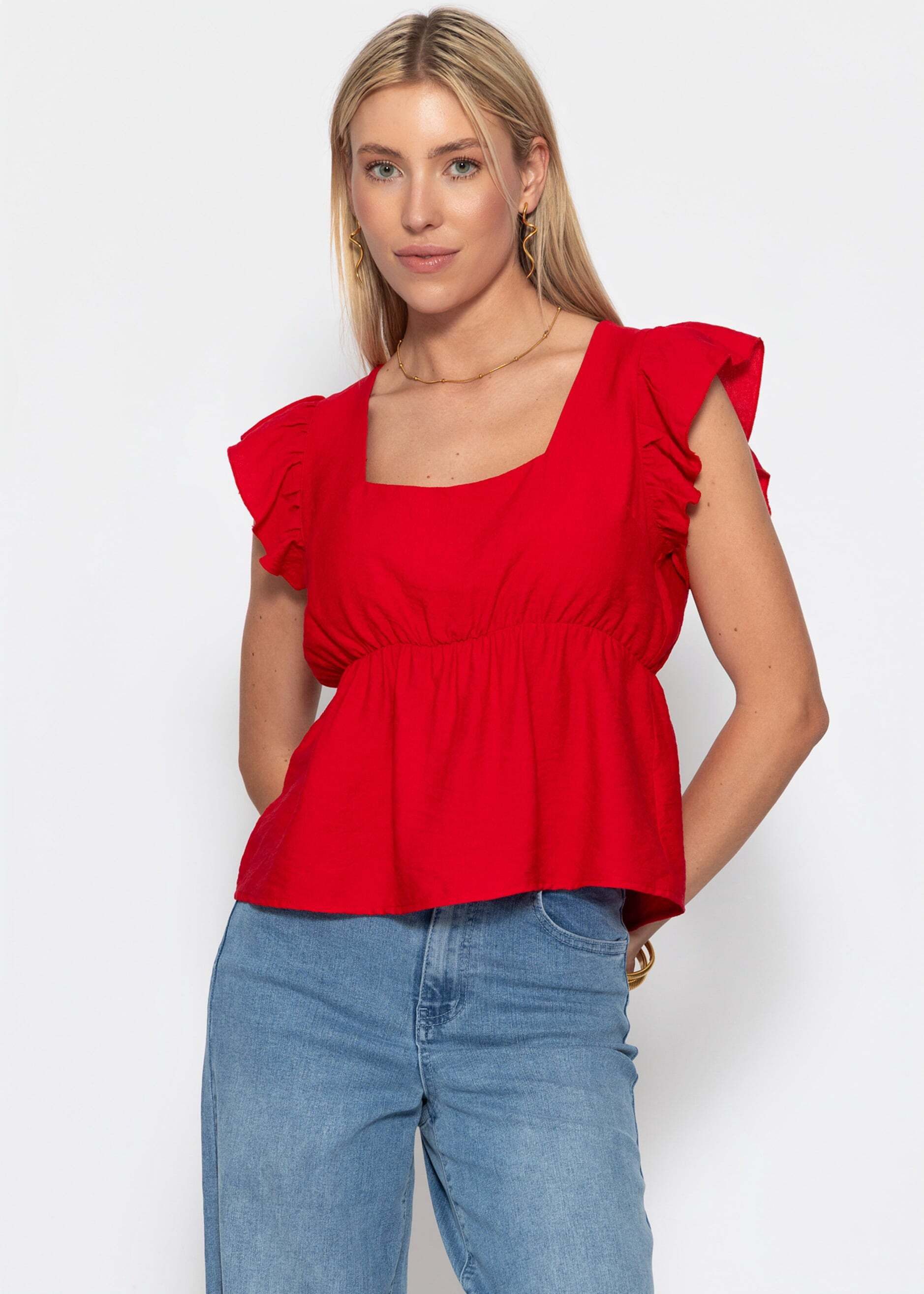 SASSYCLASSY T-Shirt Blusentop mit Rüschenärmeln für Damen Feminines Top mit eckigem Ausschnitt und elastischer Tailennaht Rot