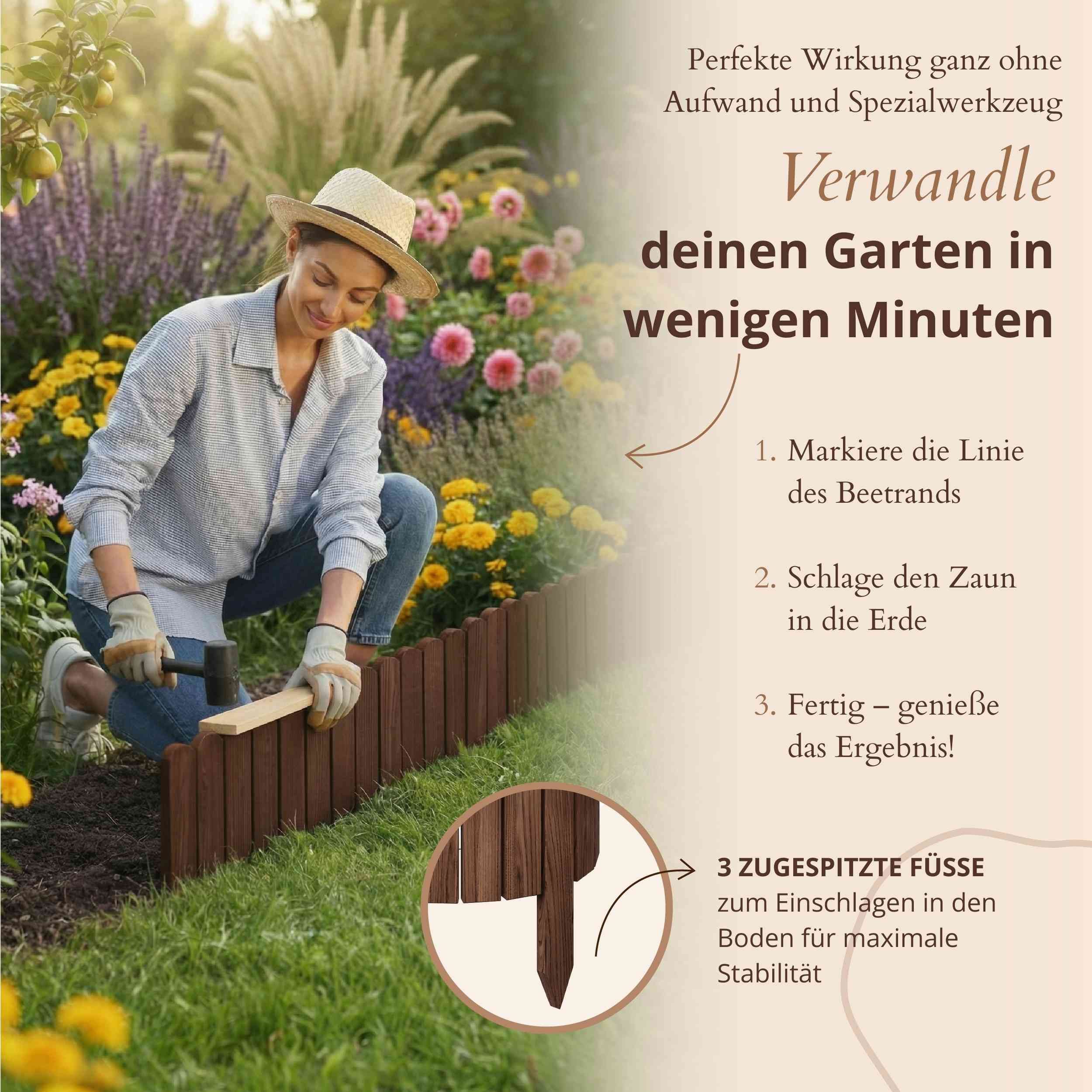 Floranica Beetbegrenzung Flexible Rasenkante Rollborder Beeteinfassung Beetumrandung Holzzaun, LxH: 100x10 cm, 1 Stk., Braun, für Garten, Baum, Hochbeet und San – Bild 5 von 5