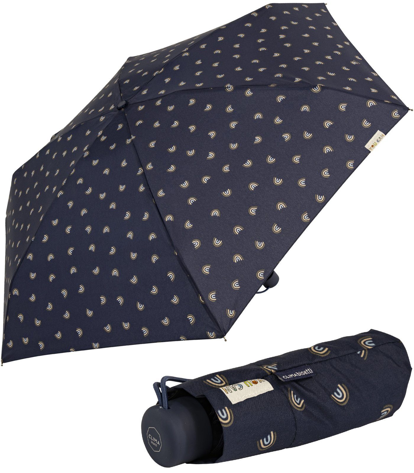 Farben Damen-Regenschirm, kompakt, mit stabil, mit bisetti Handöffner, navy gedeckte klein, Bögen-Motiv Taschenregenschirm -