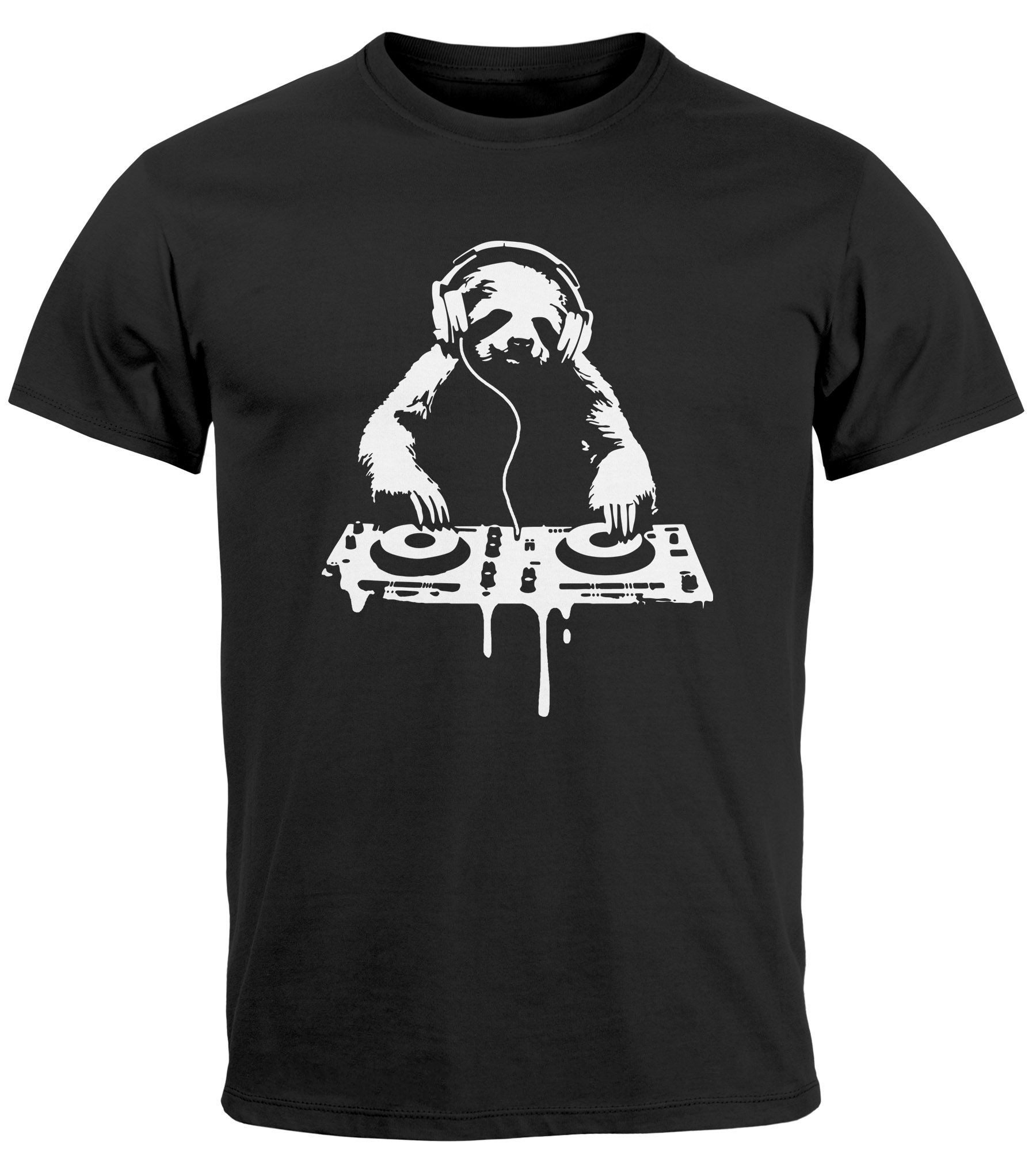 Neverless Maglietta Uomo Musica DJ Con Bradipo - Stampato Chill Faultier, Relax Fashion Streetstyle, Cotone 100%