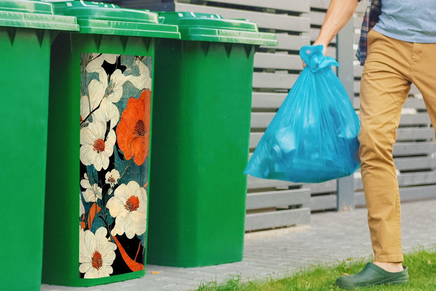 Blumen Container, - Mülltonne, Vintage Asien Wandsticker Abfalbehälter St), MuchoWow Sticker, Orange Pflanzen - Mülleimer-aufkleber, (1 - -