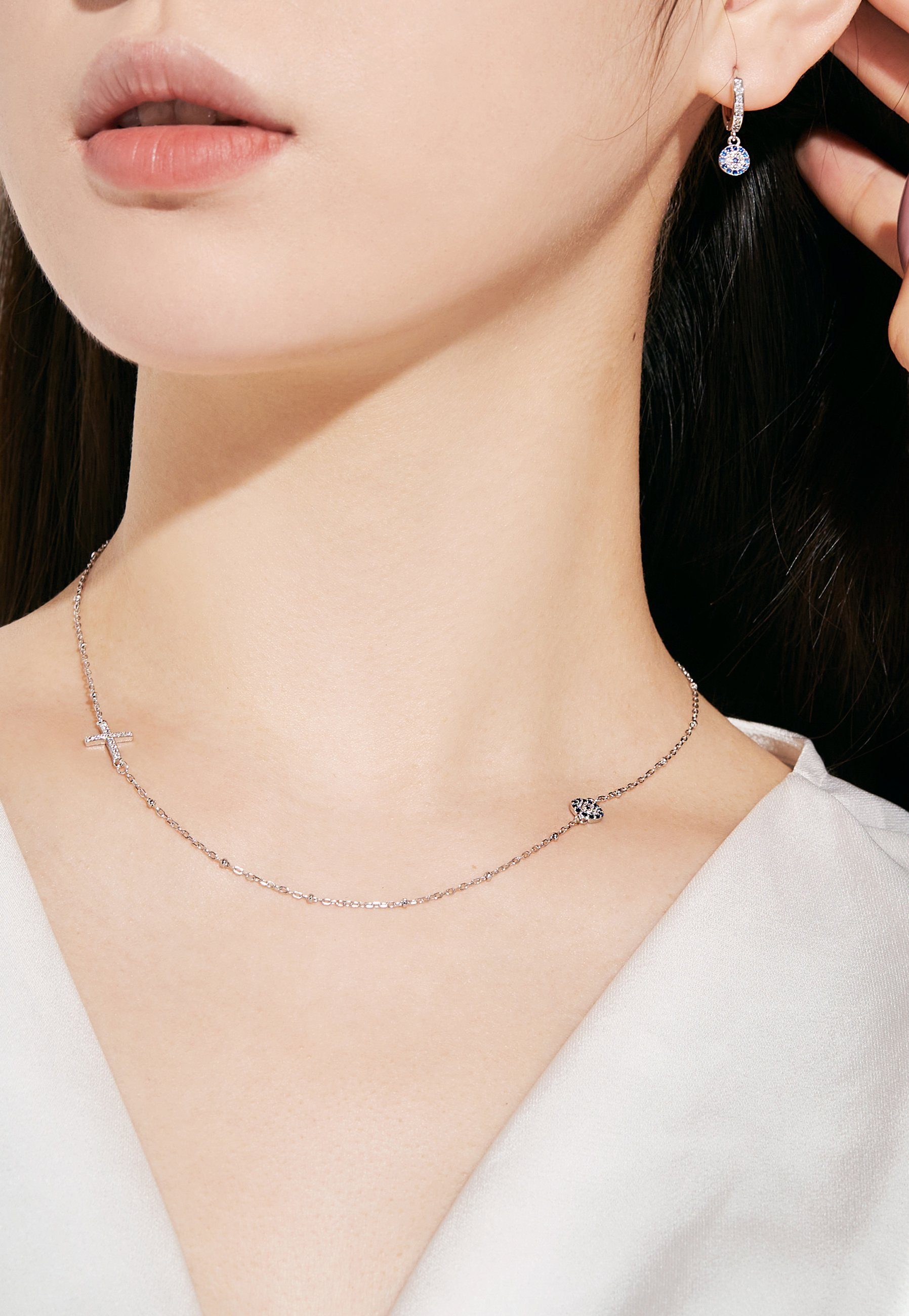 Choker Ketten Damen Geschenk Auge BRELLATO Schutz-Symbol Ohrring (Kugelkette Böses Geschenk-Box-Verpackung, Firmung Kreuz-Auge-Anhänger Kommunion Eye Ohrhänger Kreuz-Charm, Silber-Kette Ohrstecker Nazar und Geburtstag) Kristall und Halskette 2-tlg., mit Set Evil