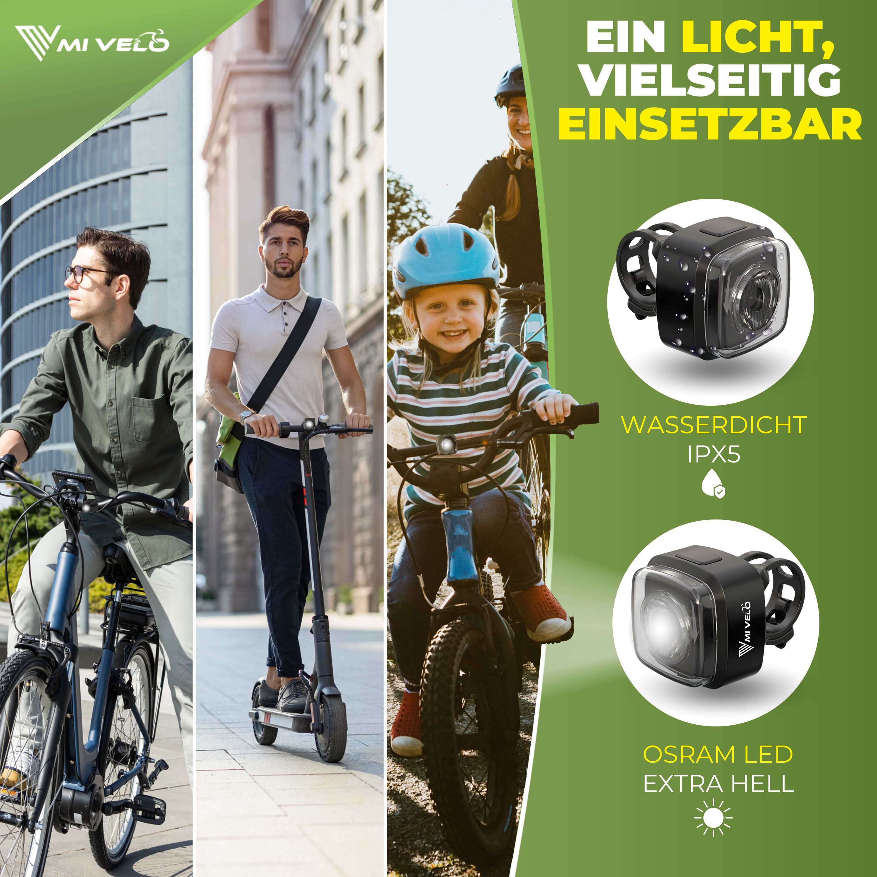 MIVELO Fahrradbeleuchtung CUBE Fahrradlicht Set LED - Akku USB aufladbar wasserdicht, OSRAM LED