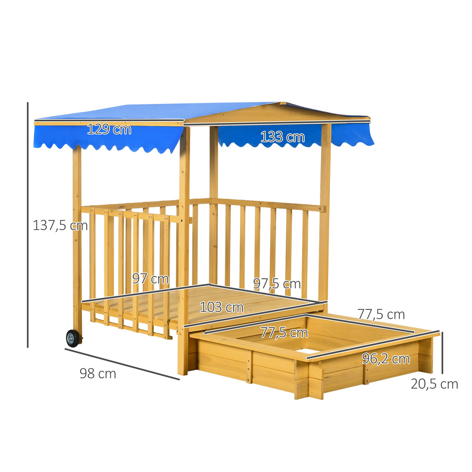 Outsunny Sandkasten Sandkiste mit Spielhaus, Dach und Rollen, 133x129x137,5cm, (Kinderspielhaus, 1-tlg., Sandbox), für Garten, Balkon, Naturholz