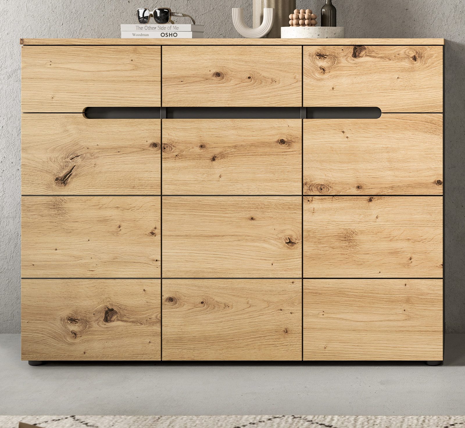 Inn.Furn Schuhkommode Cooper (Flurkommode in Eiche Artisan mit grau, 3-türig, 120 x 94 cm), mit 12 Fächern, Soft-Close-Funktion