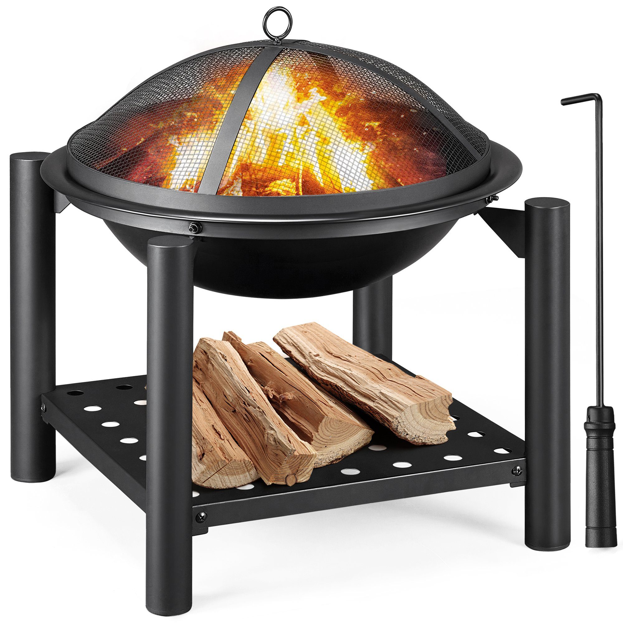 Yaheetech Feuerschale, mit Ablagefach, Feuerstelle mit Schürhaken und