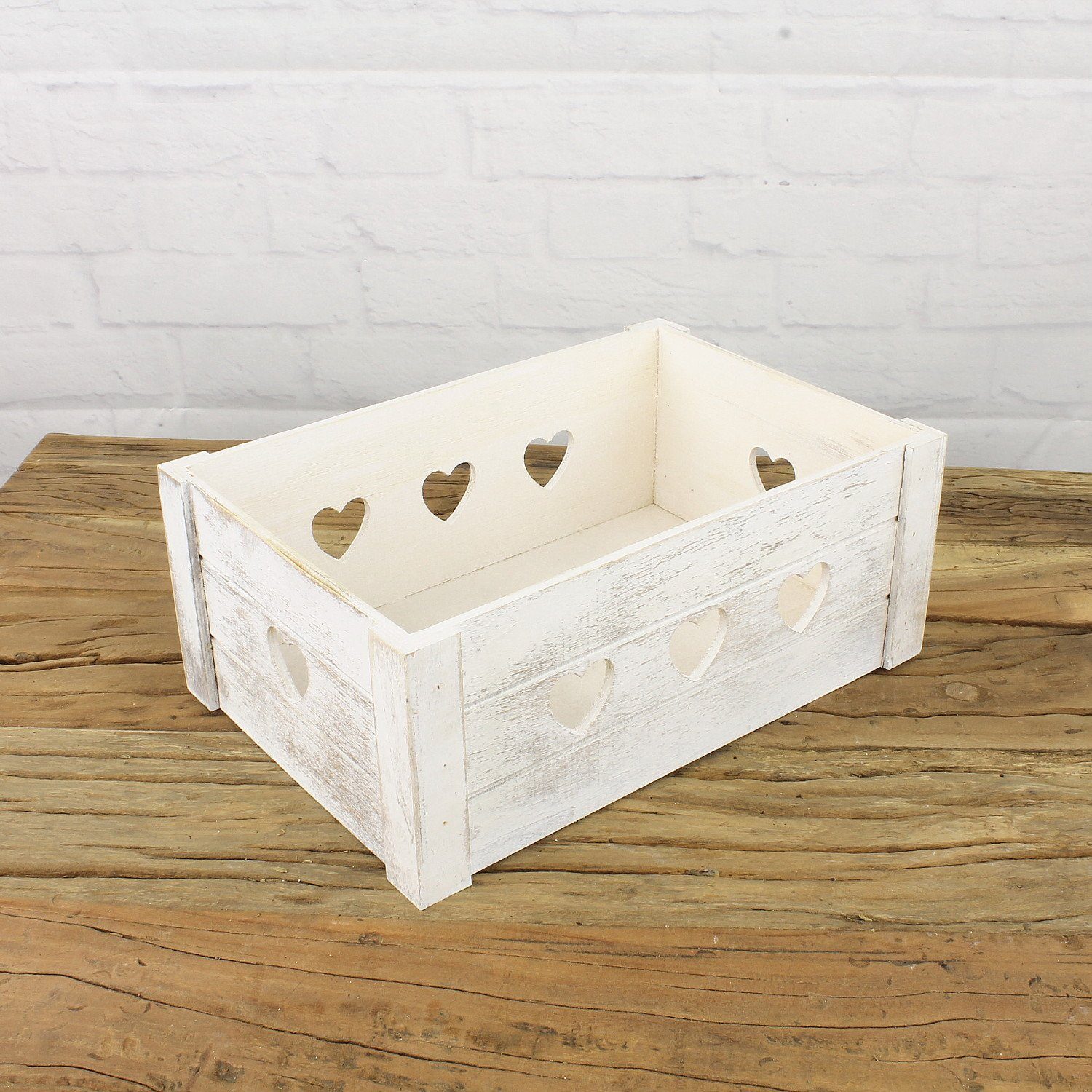Macosa Home Dekokiste Weiß Herzen Holz Holzkiste 29 cm Kiste Aufbewahrungskiste (Geschenkkiste Geschenkverpackung weiss, 1 St., Holzkiste Landhaus)