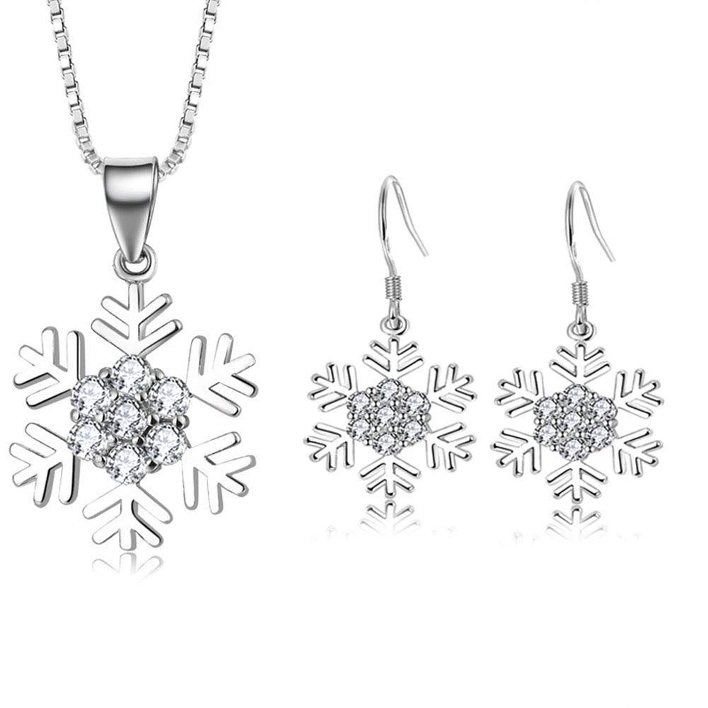 POCHUMIDUU Ohrring und Ketten Set Weihnachtskette Ohrringe-Set (3-tlg., Hakenohrringe mit weißem Zirkonia, Schneeflocken-Anhänger), Geschenk zu Weihnachten