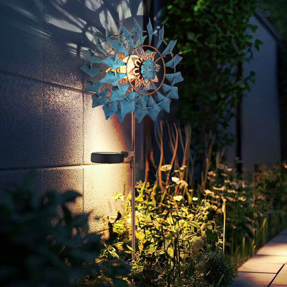 GLOBO LIGHTING LED Solarleuchte, LED-Leuchtmittel fest verbaut, Warmweiß, Gartendeko Außenlampe Windrad LED Solarlampe gold blau antik H 92 cm