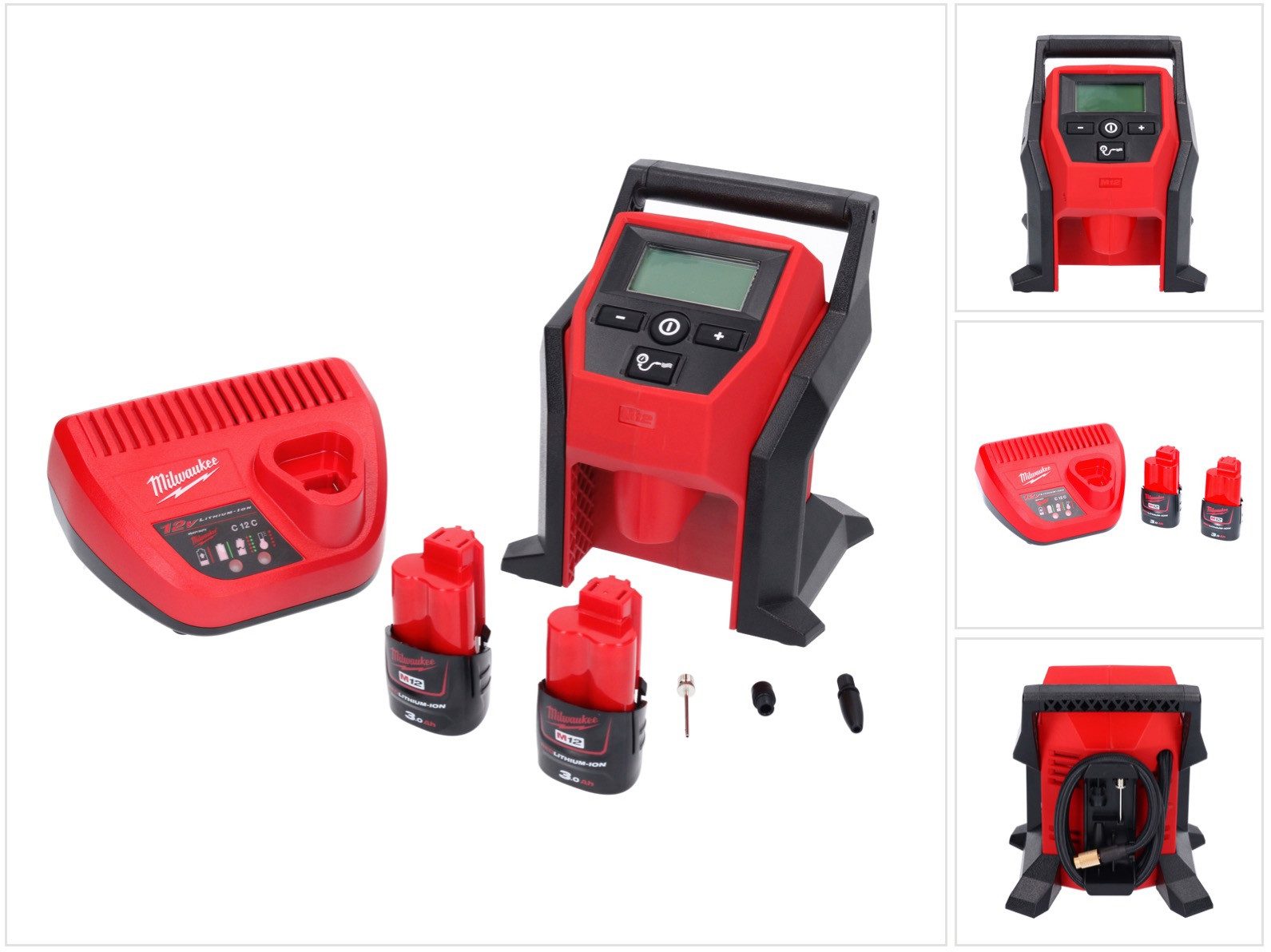 Milwaukee Akku-Handkompressor M12 BI-302C Akku Kompressor 12 V + 2x Akku 3,0 Ah + Ladegerät