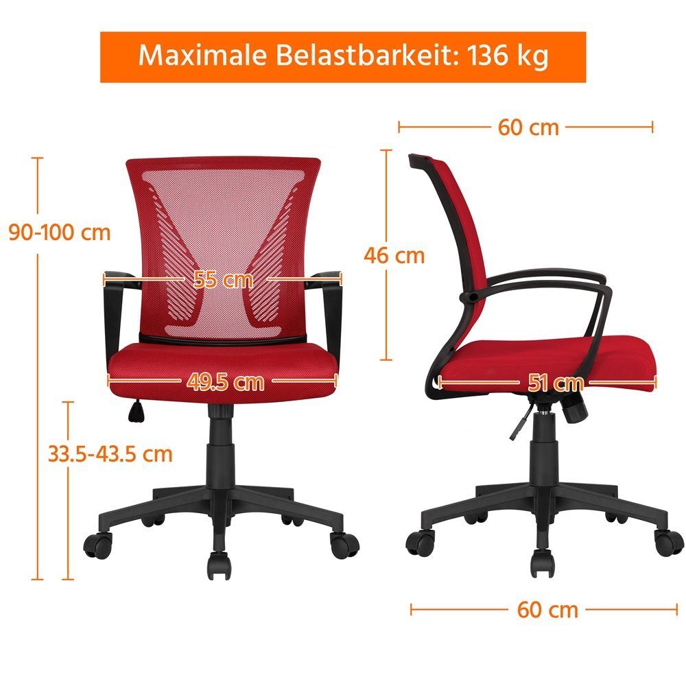 Yaheetech Bürostuhl aus Mesh-Gewebe Höhenverstellbarer Schreibtischstuhl, Ergonomischer Drehstuhl Arbeitsstuhl Computerstuhl mit Wippfunktion – Bild 5 von 5