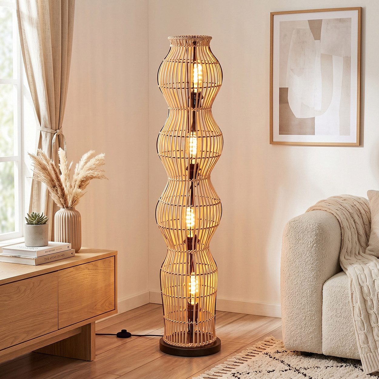hofstein Stehlampe Stehlampe im skandinavischen Design mit Schirm aus Bambus in Natur, ohne Leuchtmittel, Stehleuchte im Boho-Style mit Lichteffekt und Fußschalter, E27, 110 cm