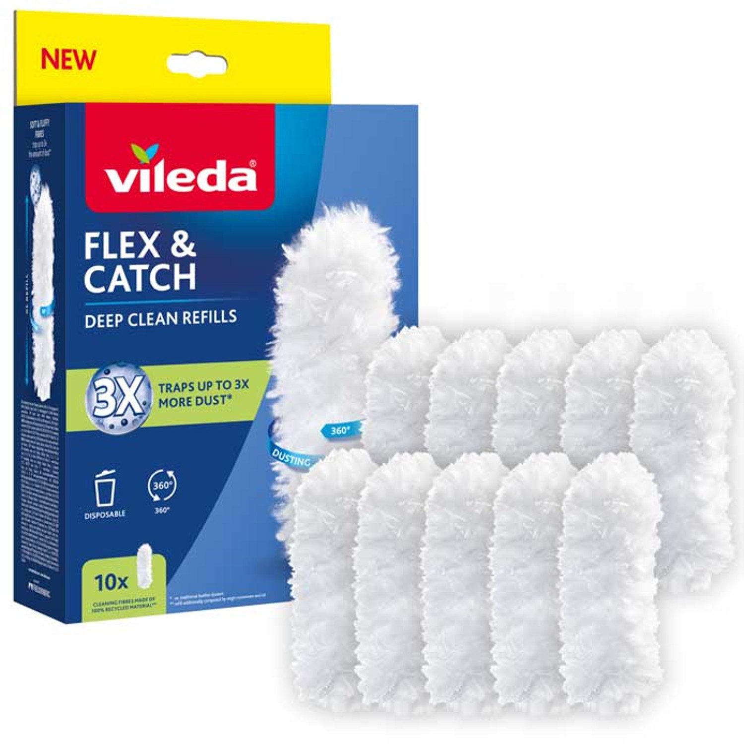 Vileda Staubbesen 10x Nachfüllpackung für Vileda Flex Catch Staubbesen (10 Stück), 100% recycelte Faser, 360° Nachfüllpackung