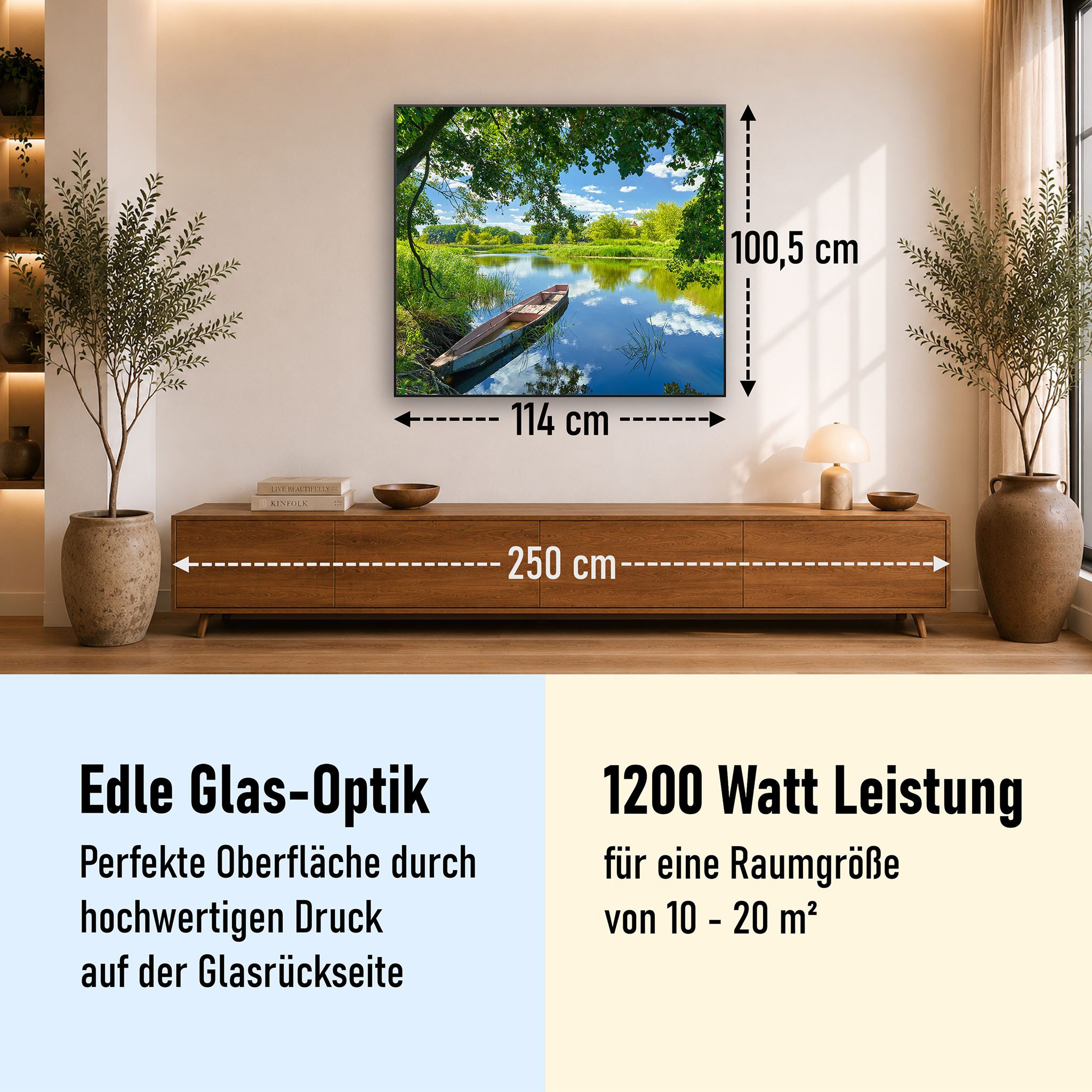 STEINFELD Heizsysteme Infrarotheizung Glas-Bild 1200W, 114x100cm, Made in Germany, 7 Jahre Garantie, mit Thermostat, Schwarz
