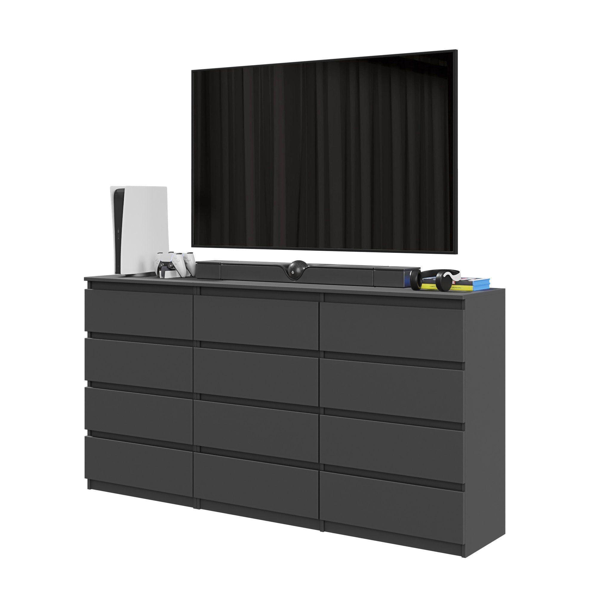 Furnica Kommode GABRIEL 8+4 Schubladen-Anthrazit Grau H92cm B180cm T33cm