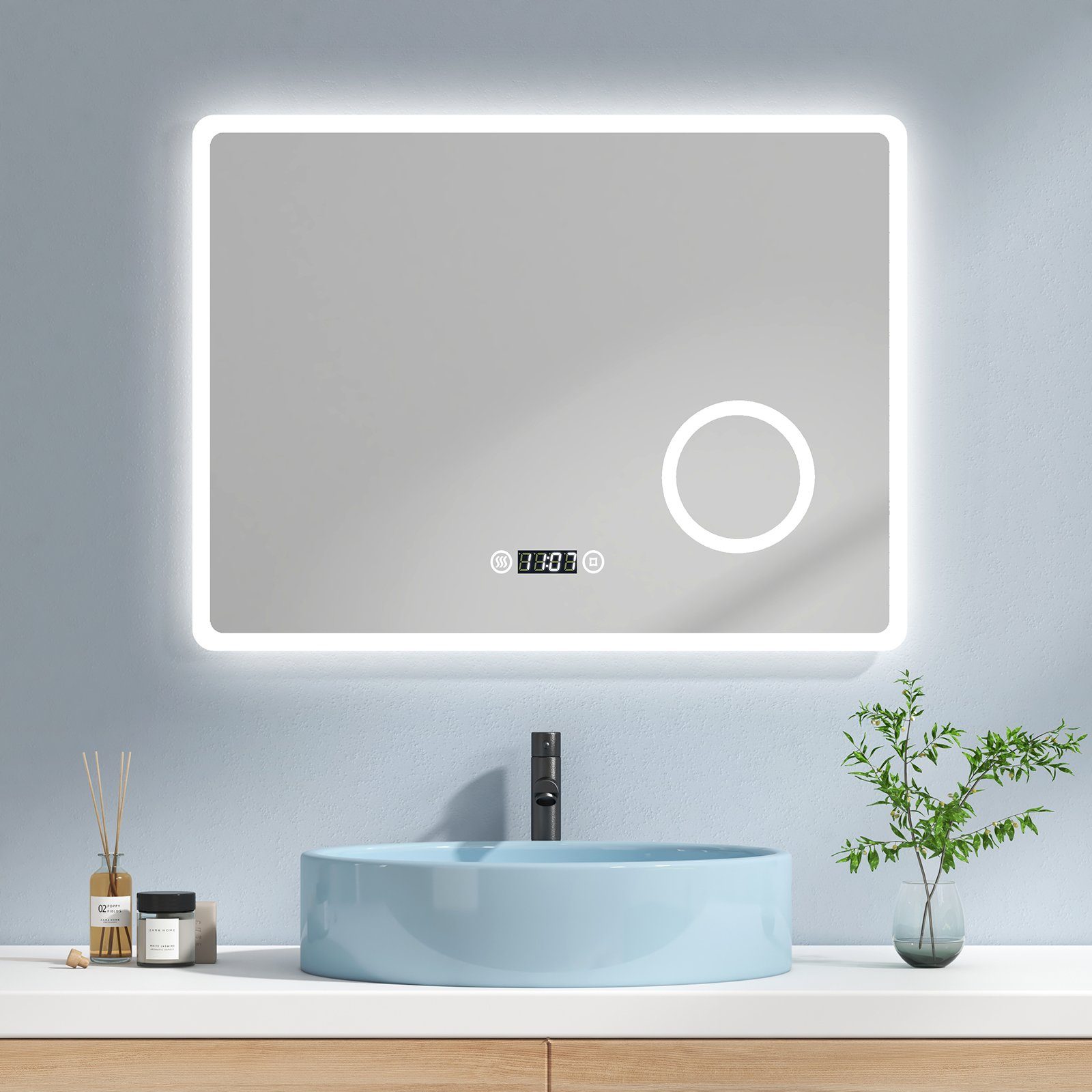 EMKE Badspiegel »EMKE Badspiegel mit Beleuchtung Lichtspiegel, LED  Wandspiegel«, Touchschalter, Uhr, Beschlagfrei, 3x Lupe(Modell M online  kaufen | OTTO
