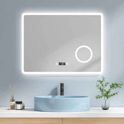 EMKE Badspiegel Badspiegel mit Beleuchtung LED Wandspiegel mit 3-fach Vergrößerung, Touchschalter, Beschlagfrei, Uhr (Modell M)