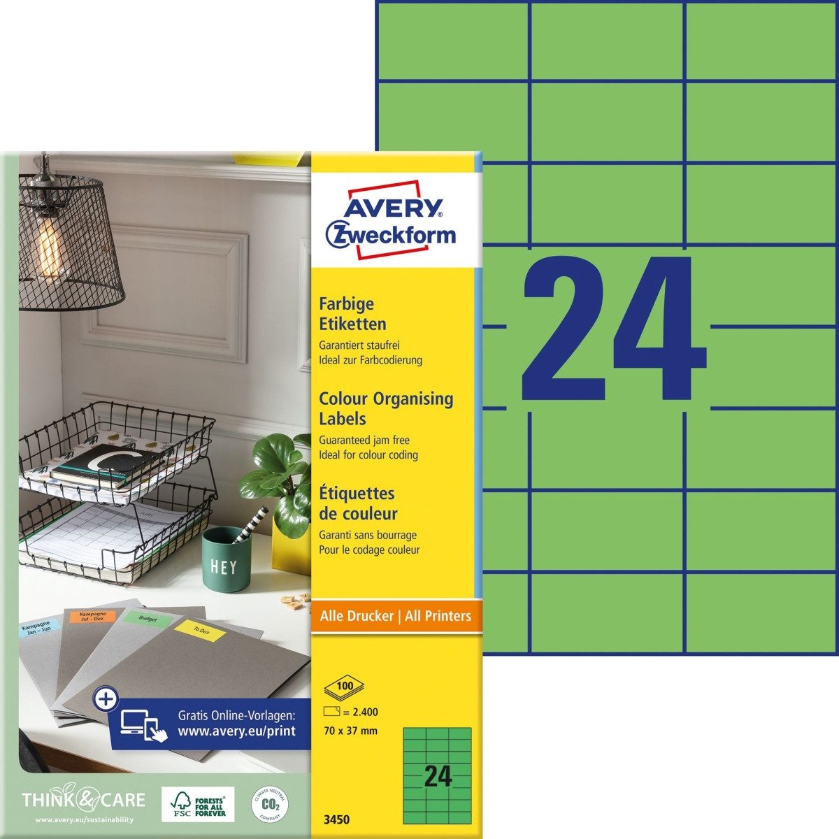 Avery Zweckform Etiketten Etiketten Inkjet/Laser/Kopier 70x37mm grün VE=2400 Stück