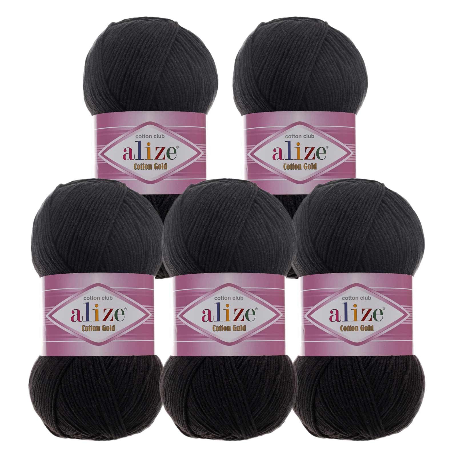 Alize 5 x 100g Strickgarn Alize Cotton Gold Uni Klassikgarn Häkelgarn Häkelwolle, 1650 m, 60 schwarz