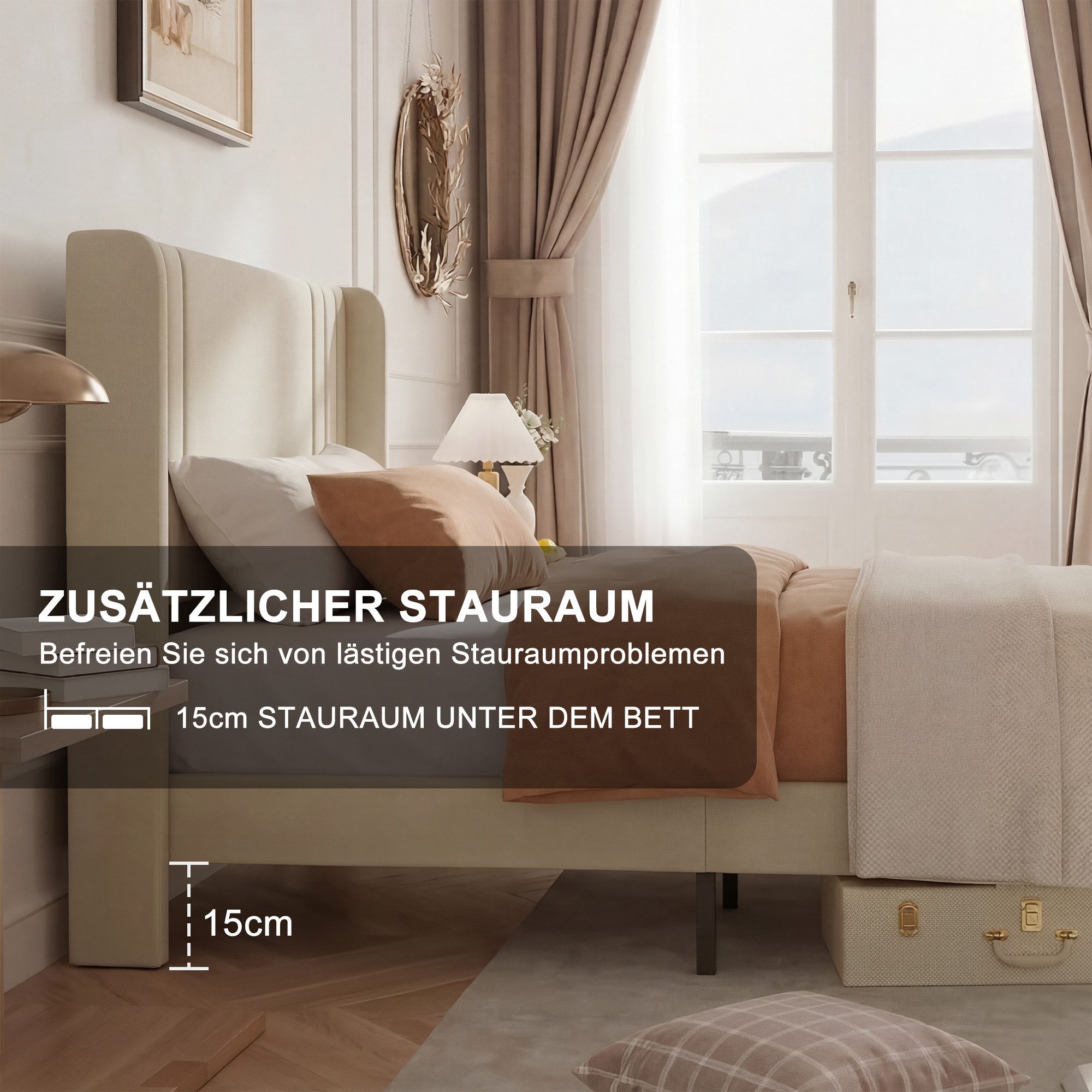 Simurq Einzelbett Polsterbett 90x200 mit Leinenbezug, Einzelbett mit Lattenrost (Gästebett, Lattenrost und 15 cm Bodenfreiheit), Jugendbett Beige oder Grau – Bild 3 von 5
