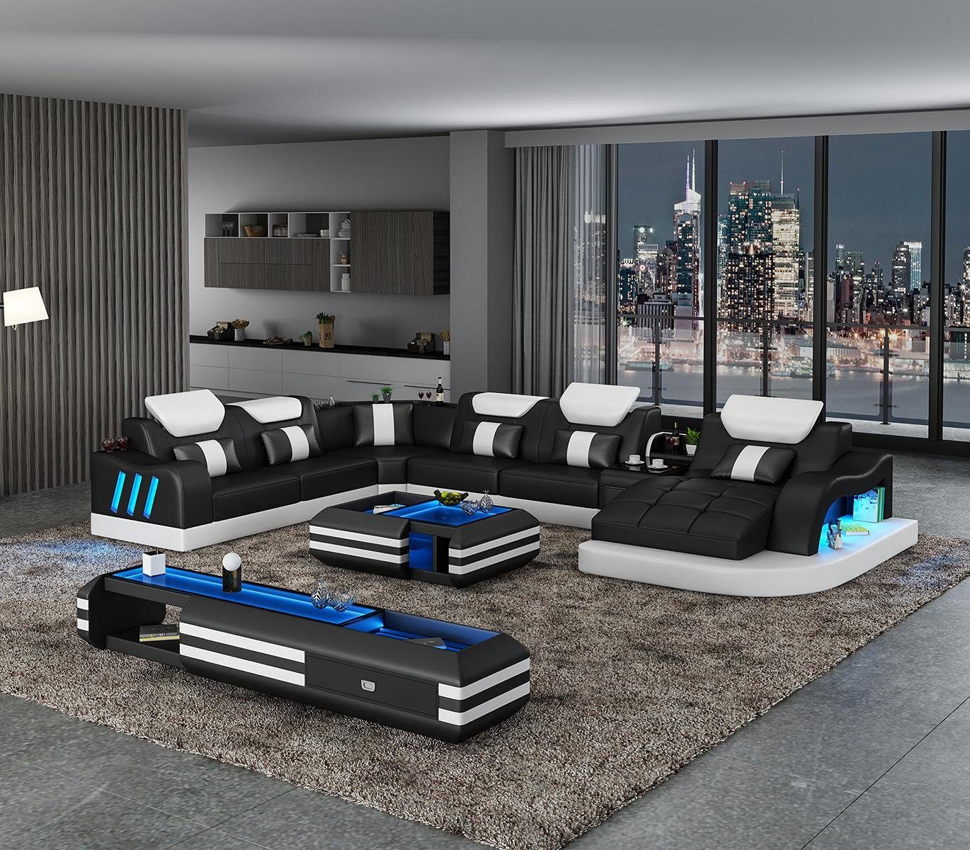JVmoebel Wohnzimmer-Set, Ecksofa U-Form Sideboard Couchtisch Couch Design Grau Polster Leder Schwarz/Weiß