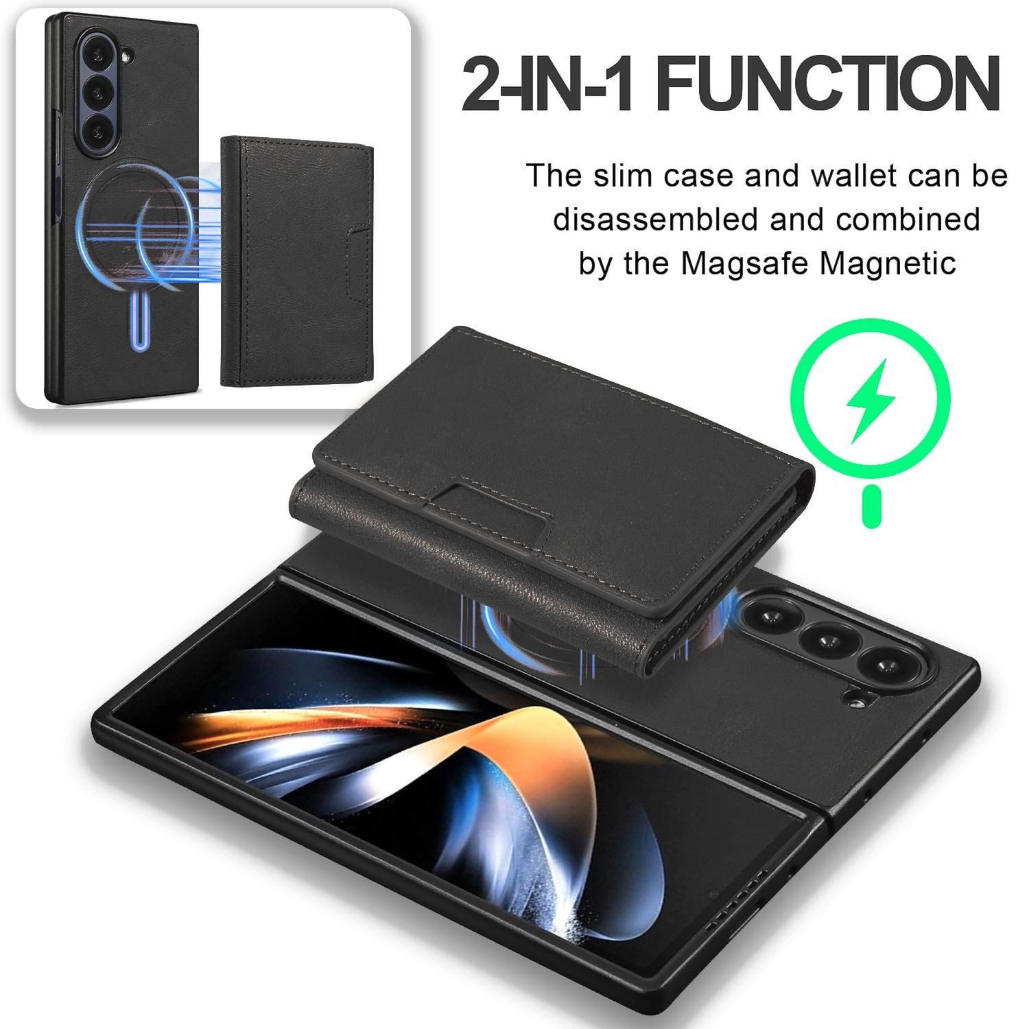 Wigento Handyhülle Für Samsung Galaxy Z Fold7 5G MagSafe Magnetische Kunstleder Hülle, MagSafe Hülle mit Kartenfach und Ständerfunktion