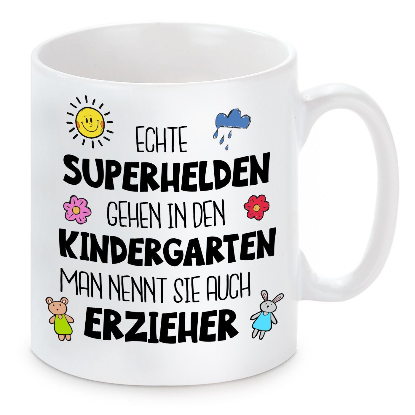 Herzbotschaft Tasse Kaffeebecher mit Motiv Echte Superhelden gehen in den Kindergarten, Keramik, Kaffeetasse spülmaschinenfest und mikrowellengeeignet