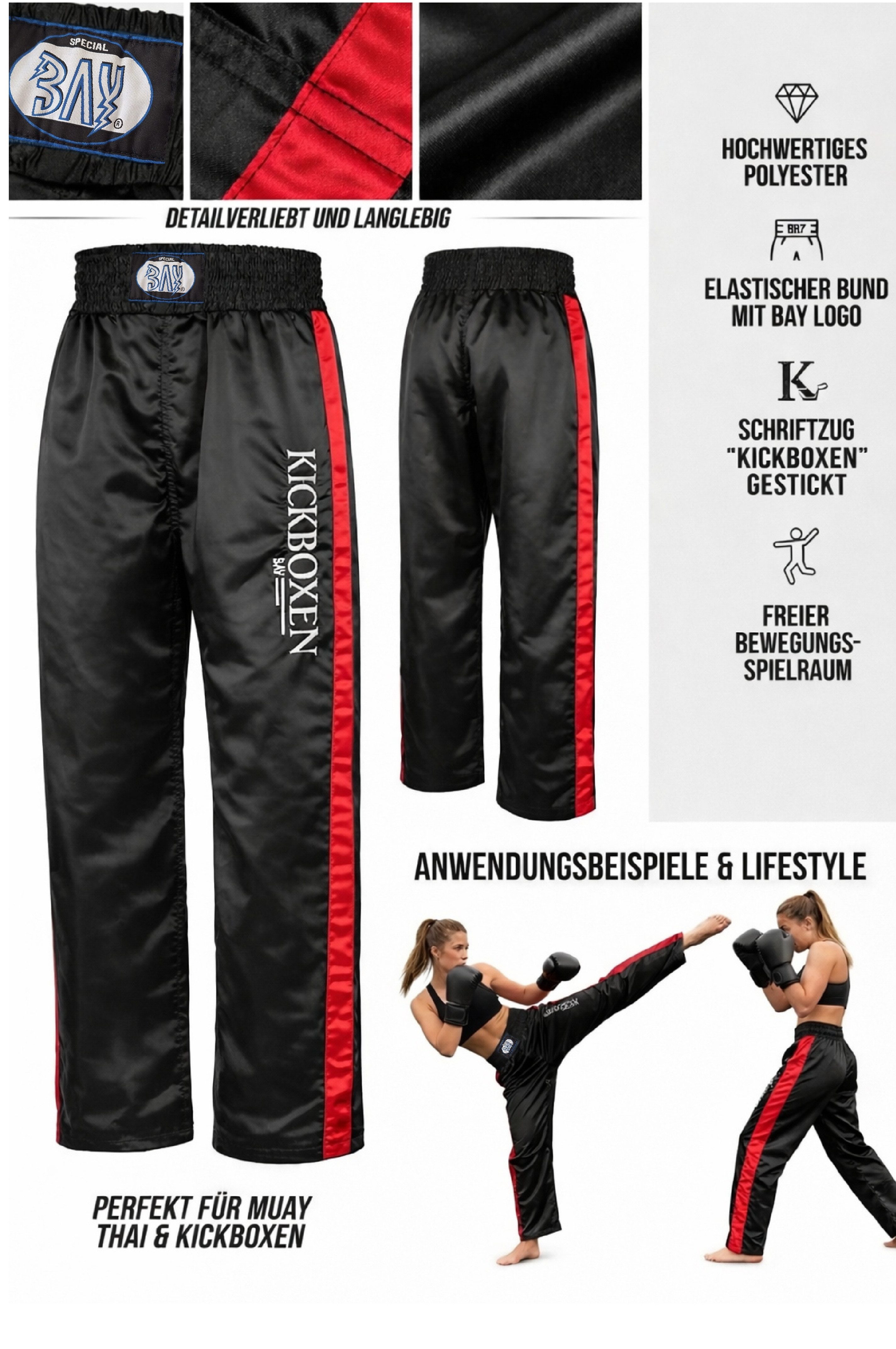 BAY-Sports Sporthose Kickboxhose EDEL STICK Hose lang Kickboxen Kampfsport lange, leichte, locker sitzende Trainingshose, Schwarz/Rot