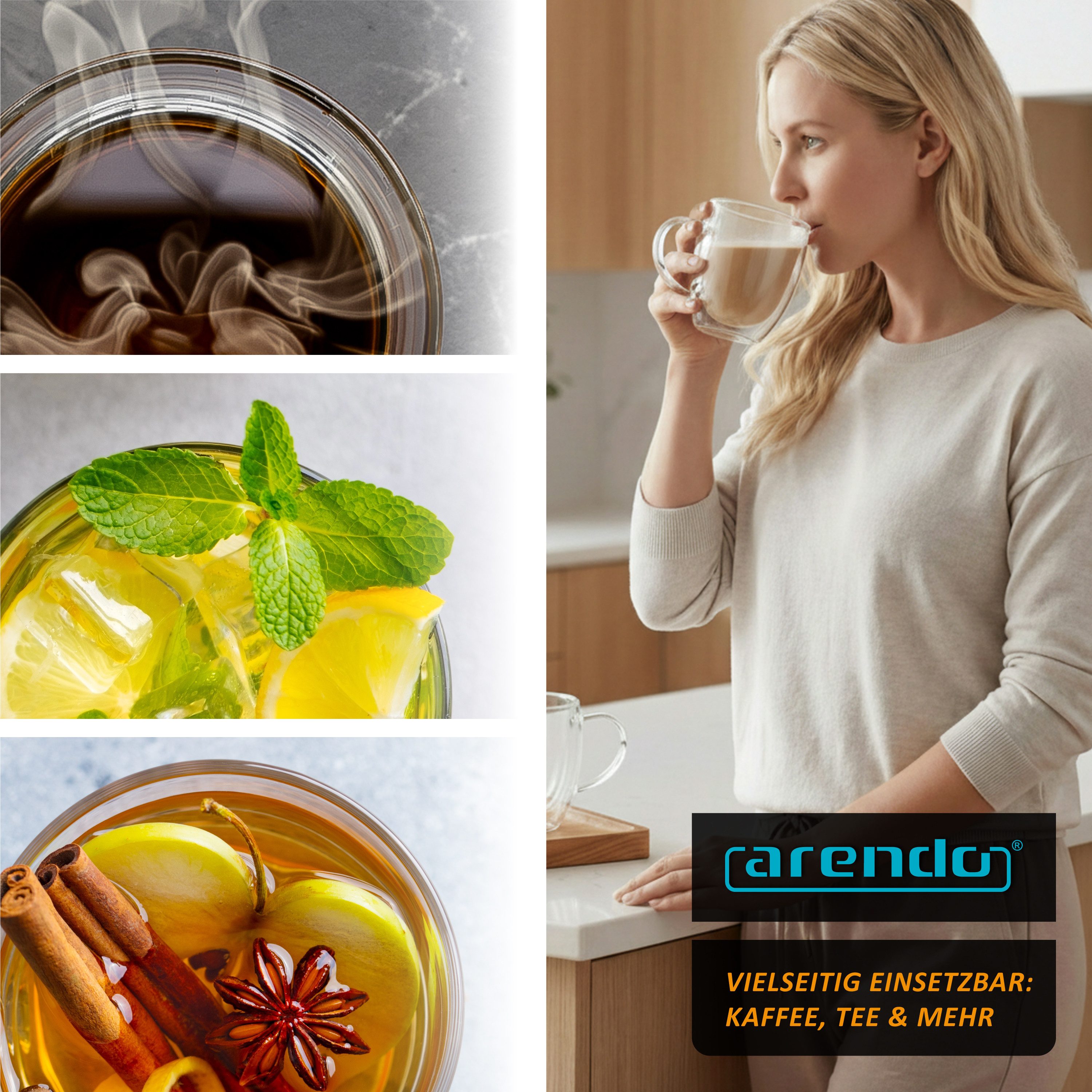 Arendo Gläser-Set doppelwandige Thermogläser, 350 ml Kaffeetasse, Trinkglas ohne Henkel, 12-tlg., Glas, für Latte Macchiato, Cappuccino, Tee, hitzebeständig spü – Bild 5 von 5