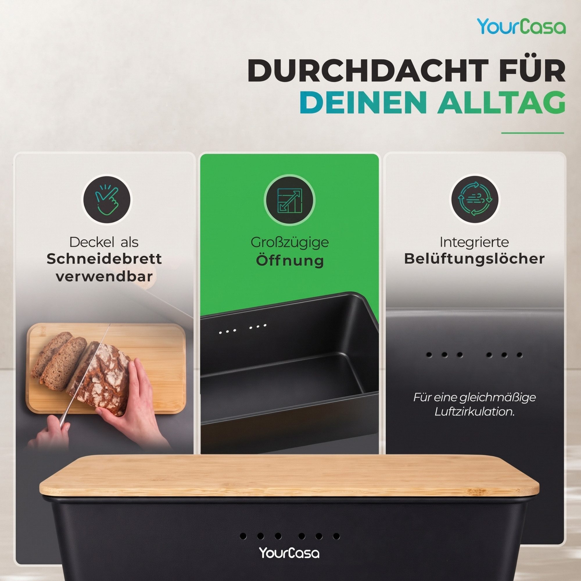 YourCasa Brotkasten YourCasa Ecobox Brotkasten mit Bambusdeckel als Schneidebrett Brotbox, Bambus Deckel – Bild 4 von 5