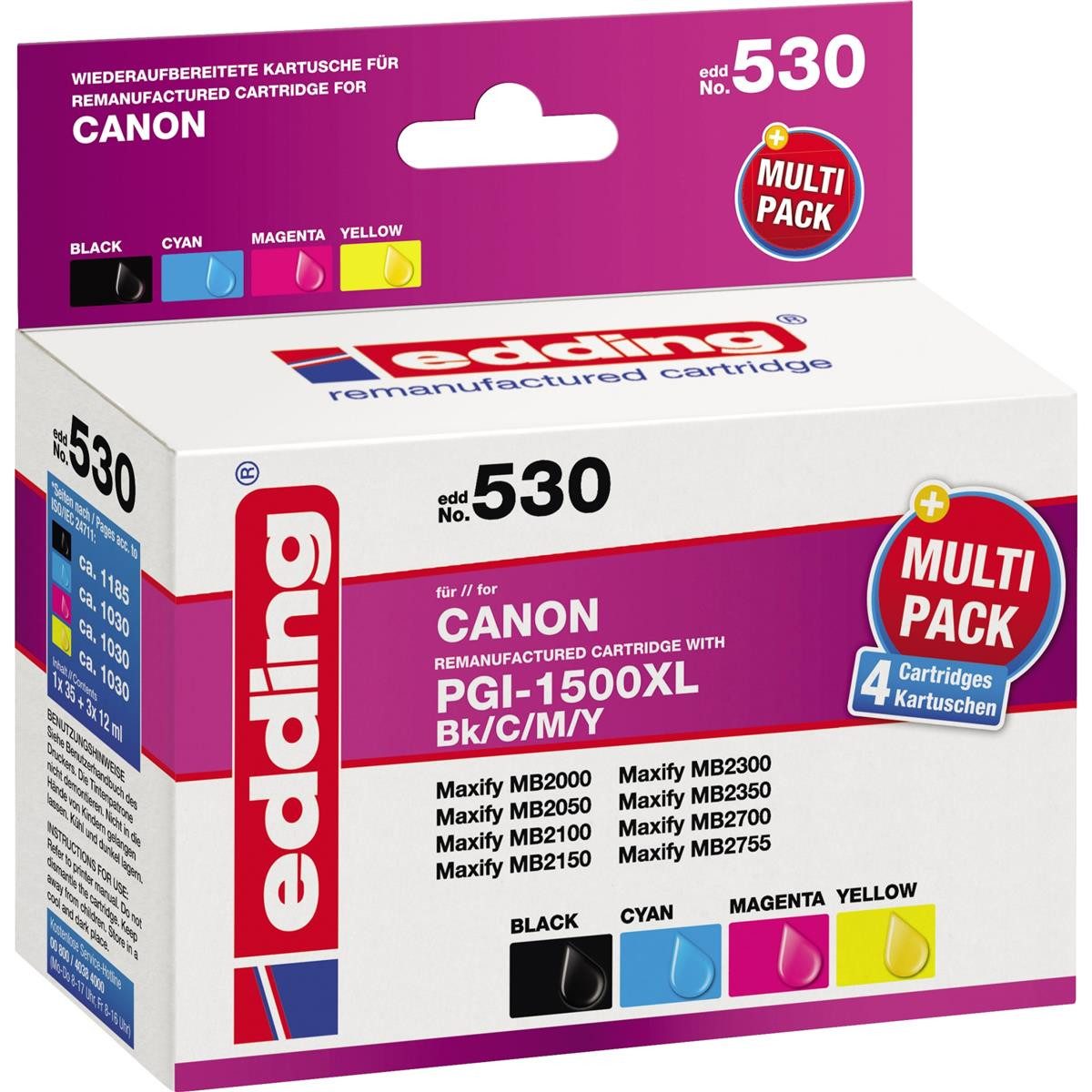 edding EDD-530 Druckerpatronen kompatibel Canon PGI-1500 XL BK/C/M/Y, 4er-Set Tintenpatrone