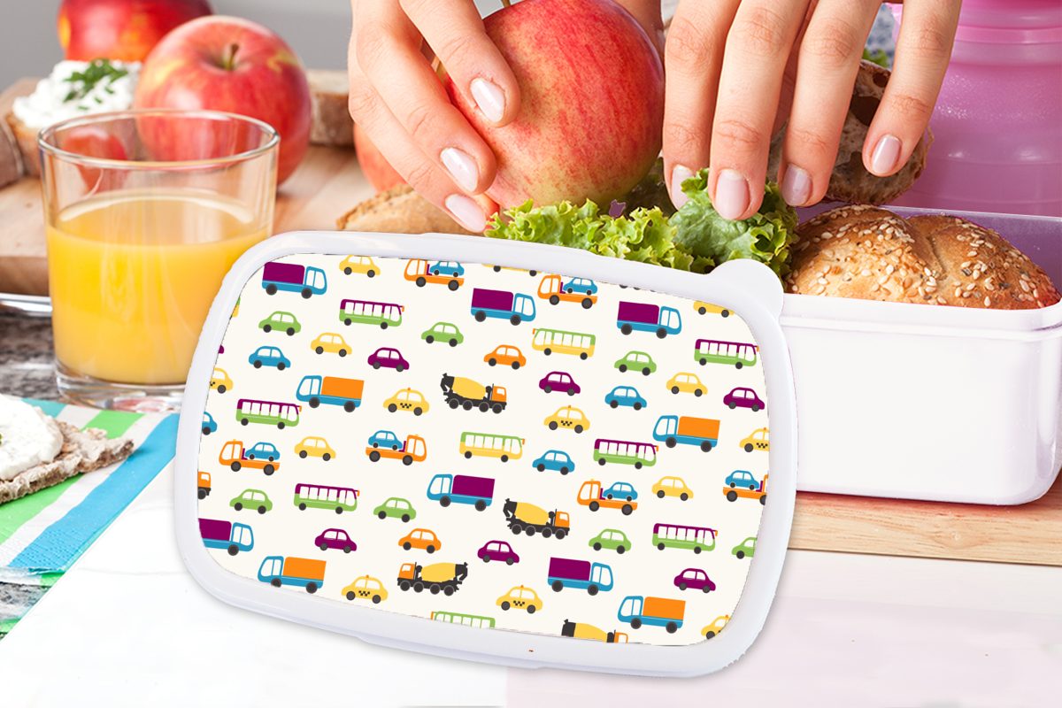 - Kunststoff, Erwachsene, Kinder Muster und MuchoWow Auto Brotbox Mädchen weiß für Lunchbox Jungs und Brotdose, (2-tlg), für Fahrzeuge, -