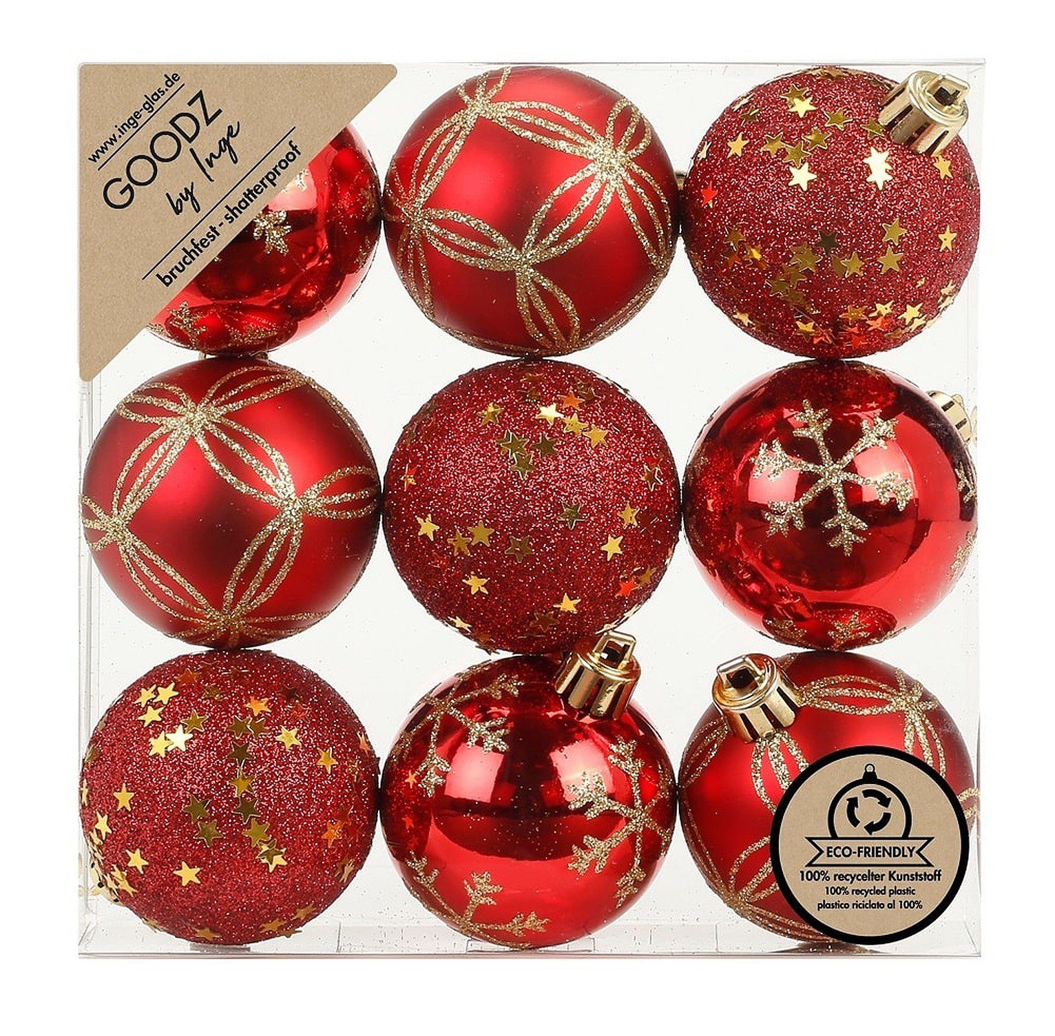 Christbaumschmuck Inge's Weihnachtskugeln 9 Stück 6 cm Rot, Kunststoff, bruchfest